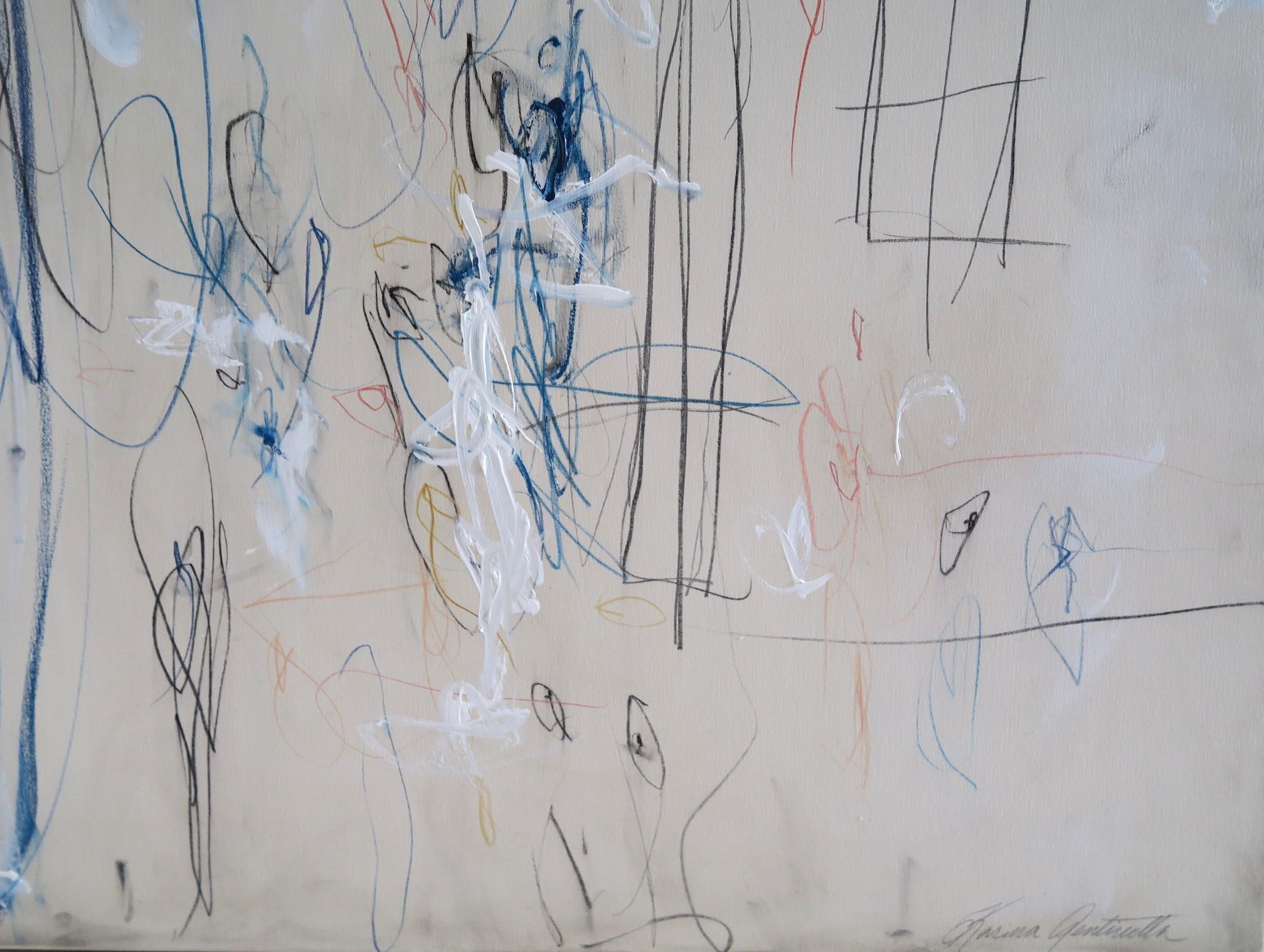 « Interlude » - Grand acrylique, pastels d'huile et crayons abstraits dans une teinte bleue 72x60 3