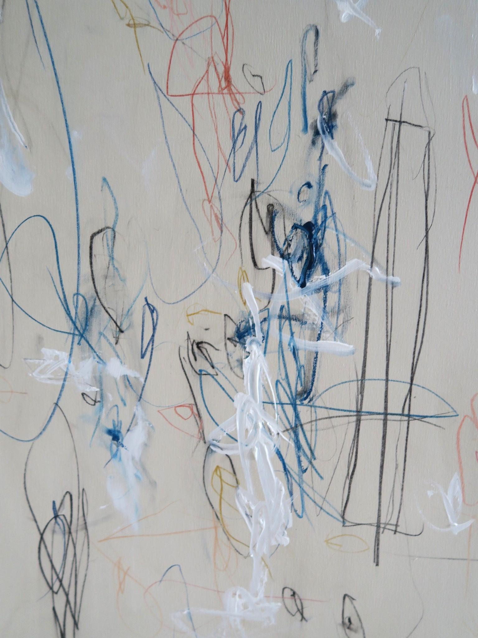 « Interlude » - Grand acrylique, pastels d'huile et crayons abstraits dans une teinte bleue 72x60 en vente 4