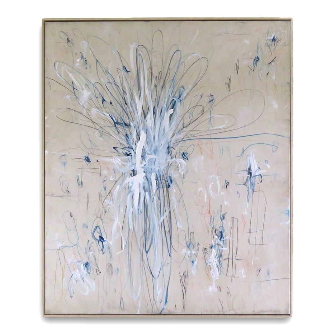 Karina Gentinetta Abstract Painting – „Interlude“ Großes Acryl, Ölpastell und Bleistift Abstrakt in blauem Farbton 72x60