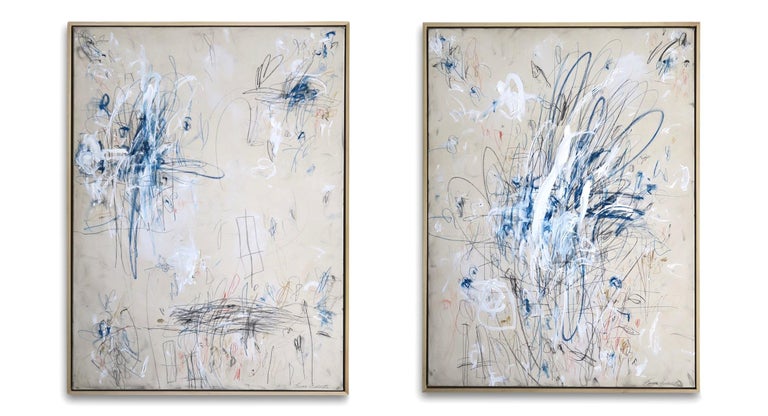 Karina Gentinetta Abstract Painting - "Into the Blues I and II" Pair Acrylic, Oil Pastels, and Pencils Abstract, 48x36