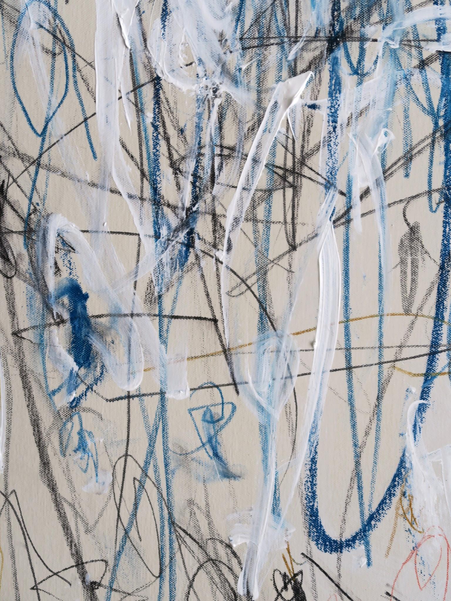 « Into the Blues II » Acrylique, pastels d'huile et crayons abstraits à la teinte bleue 48x36 6