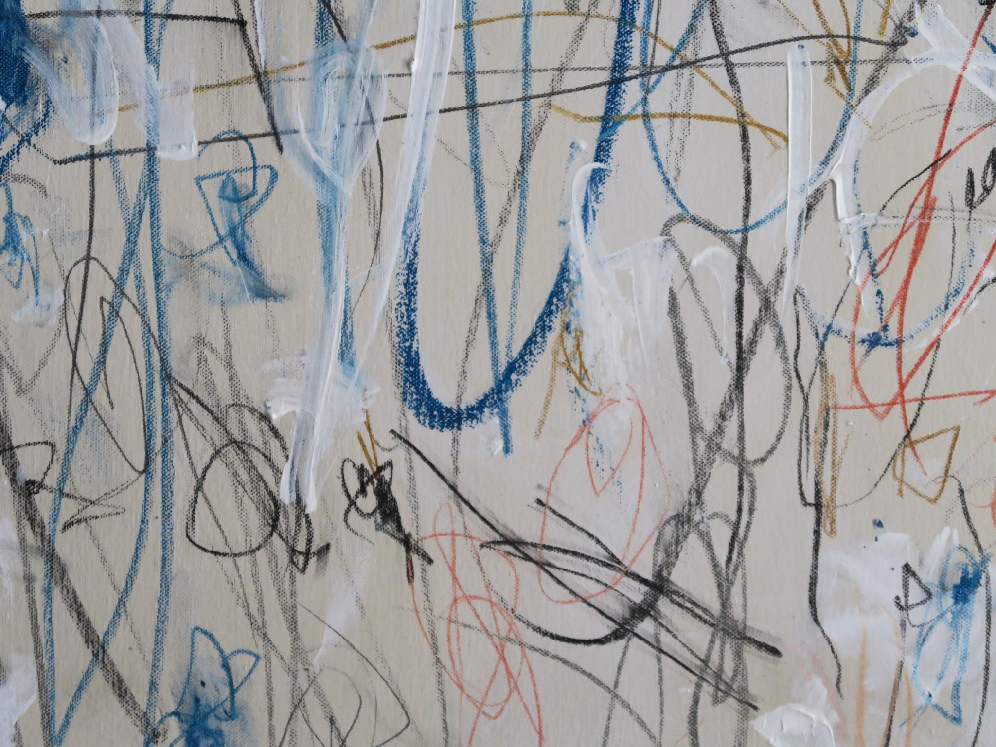 « Into the Blues II » Acrylique, pastels d'huile et crayons abstraits à la teinte bleue 48x36 7