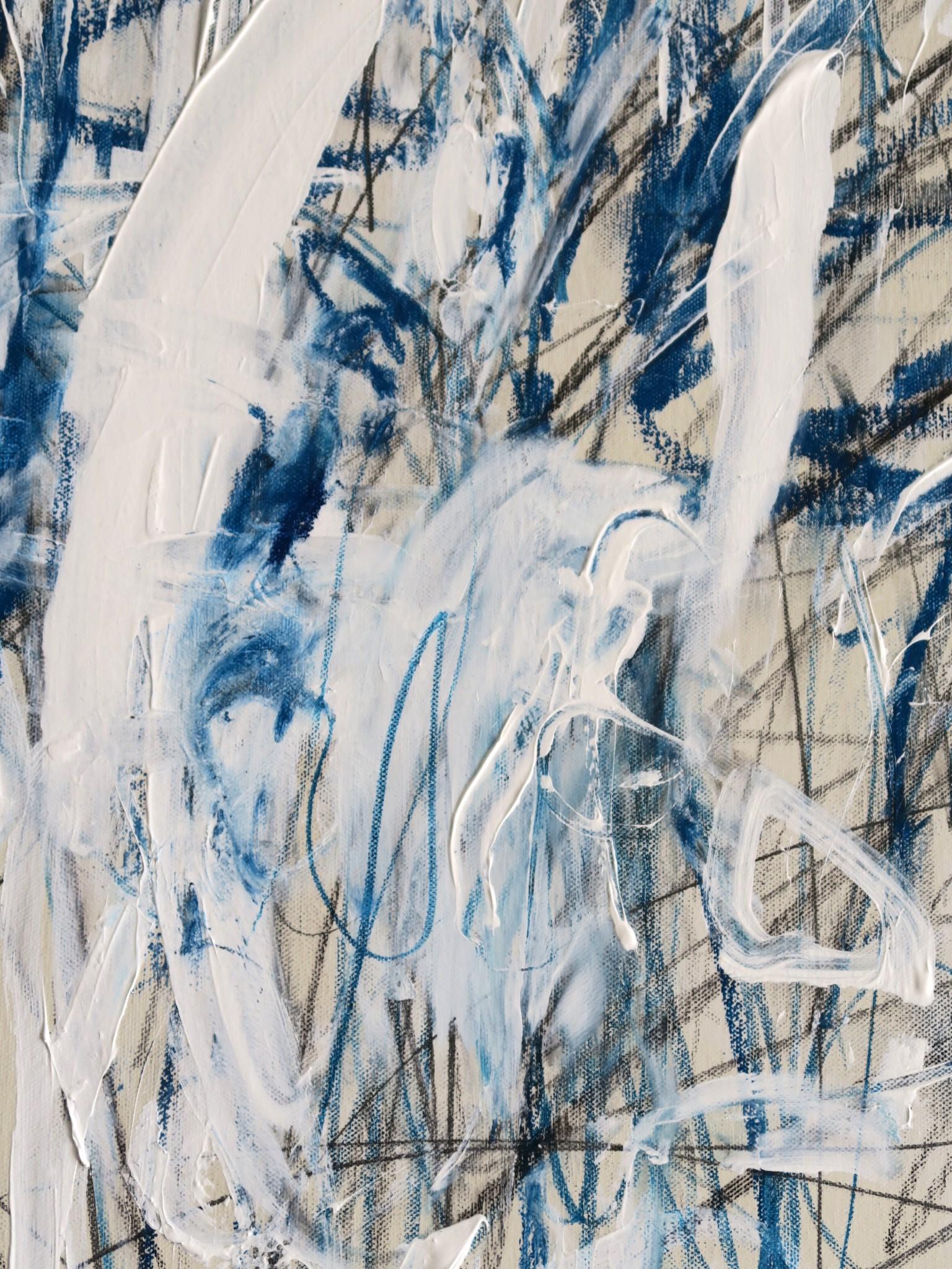 « Into the Blues II » Acrylique, pastels d'huile et crayons abstraits à la teinte bleue 48x36 8