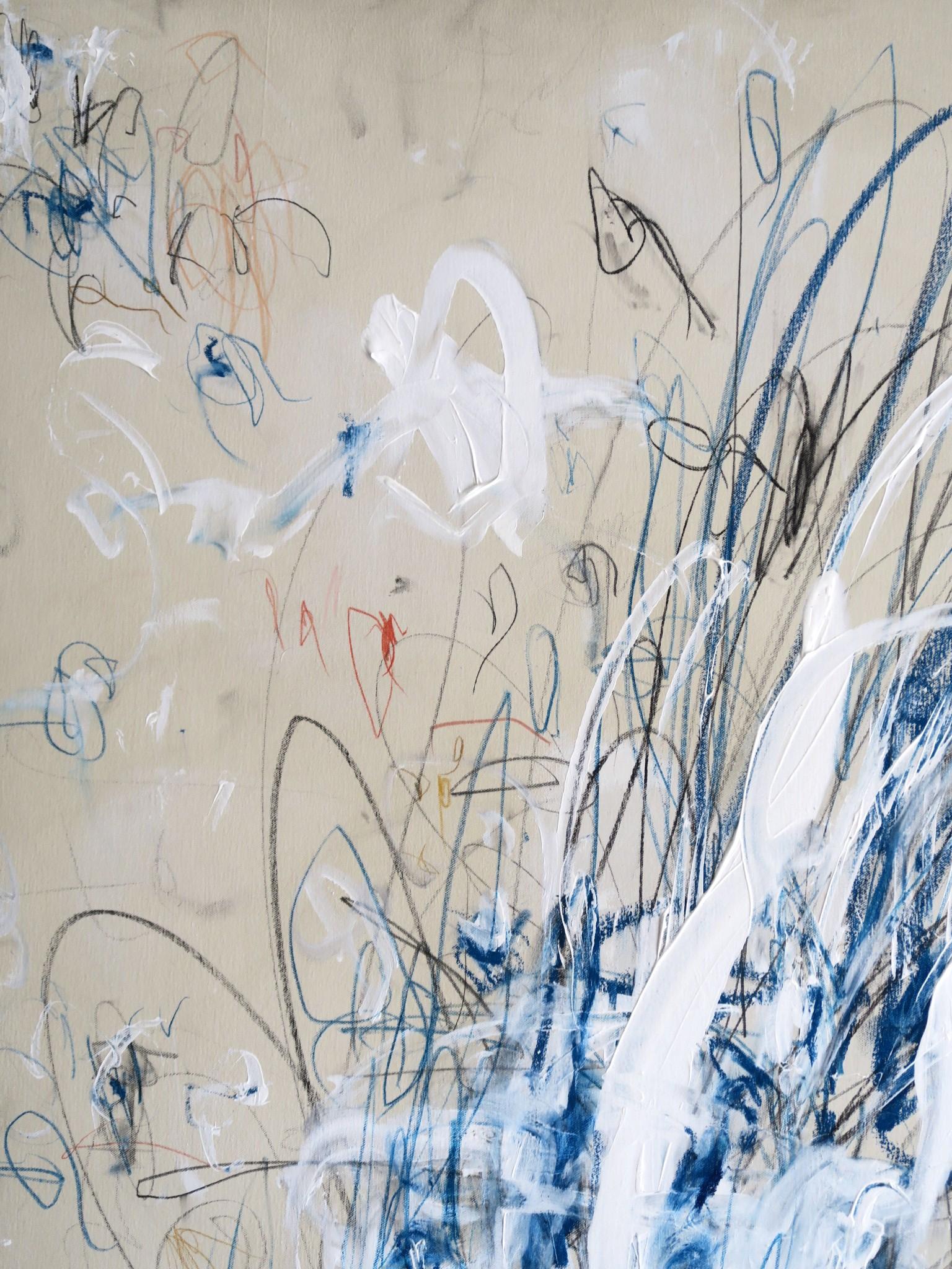 « Into the Blues II » Acrylique, pastels d'huile et crayons abstraits à la teinte bleue 48x36 9