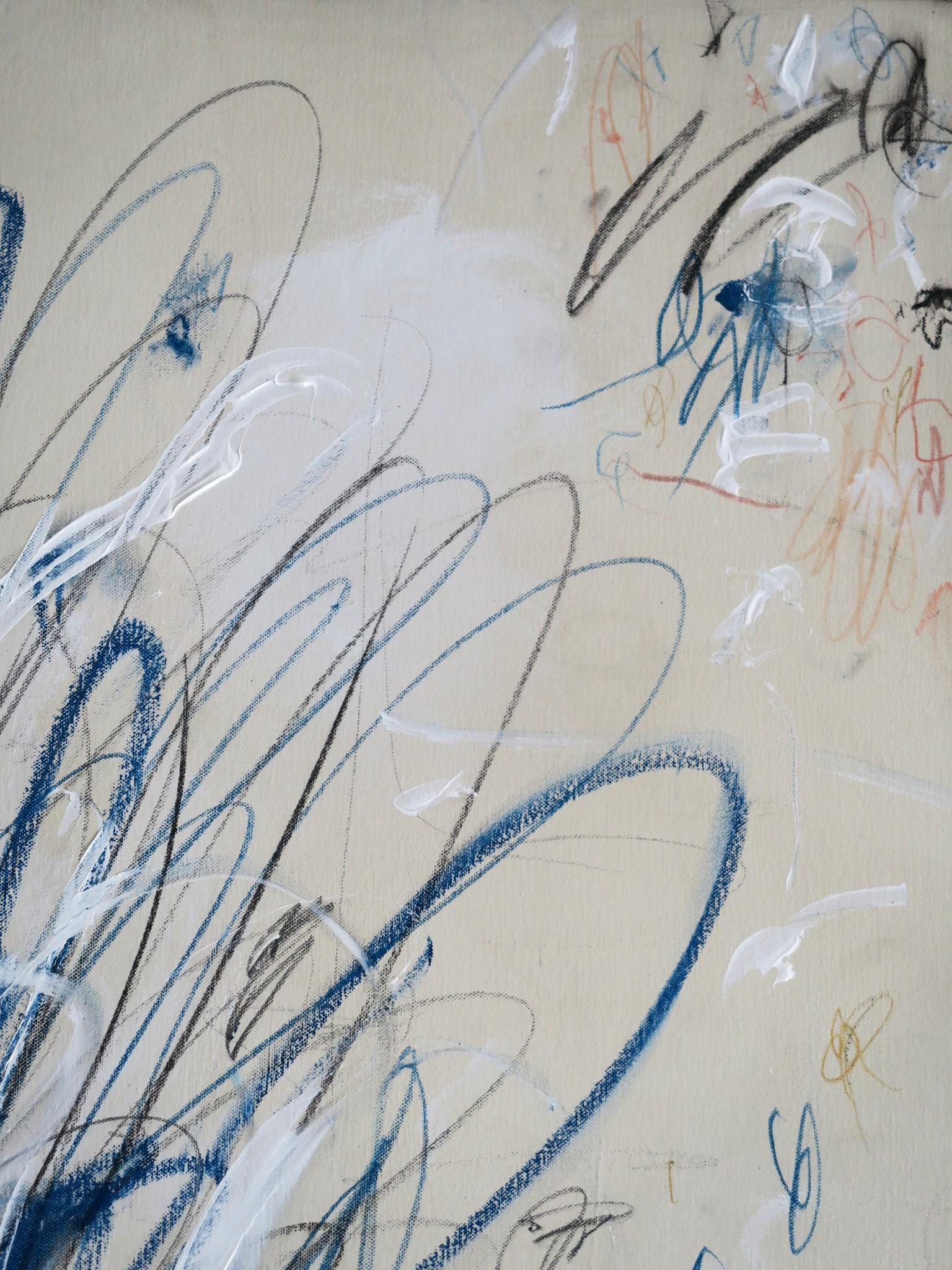 « Into the Blues II » Acrylique, pastels d'huile et crayons abstraits à la teinte bleue 48x36 11