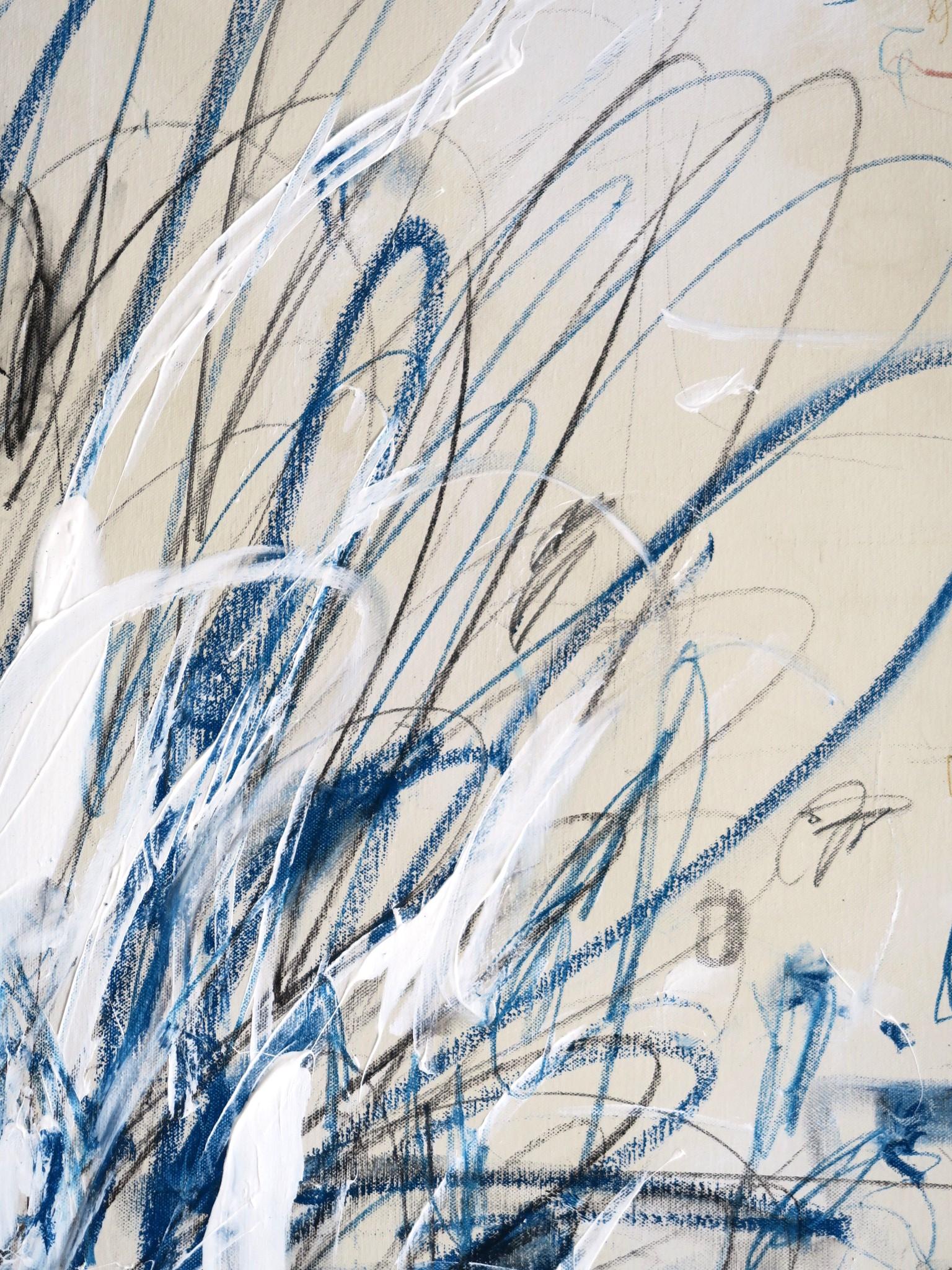 « Into the Blues II » Acrylique, pastels d'huile et crayons abstraits à la teinte bleue 48x36 12