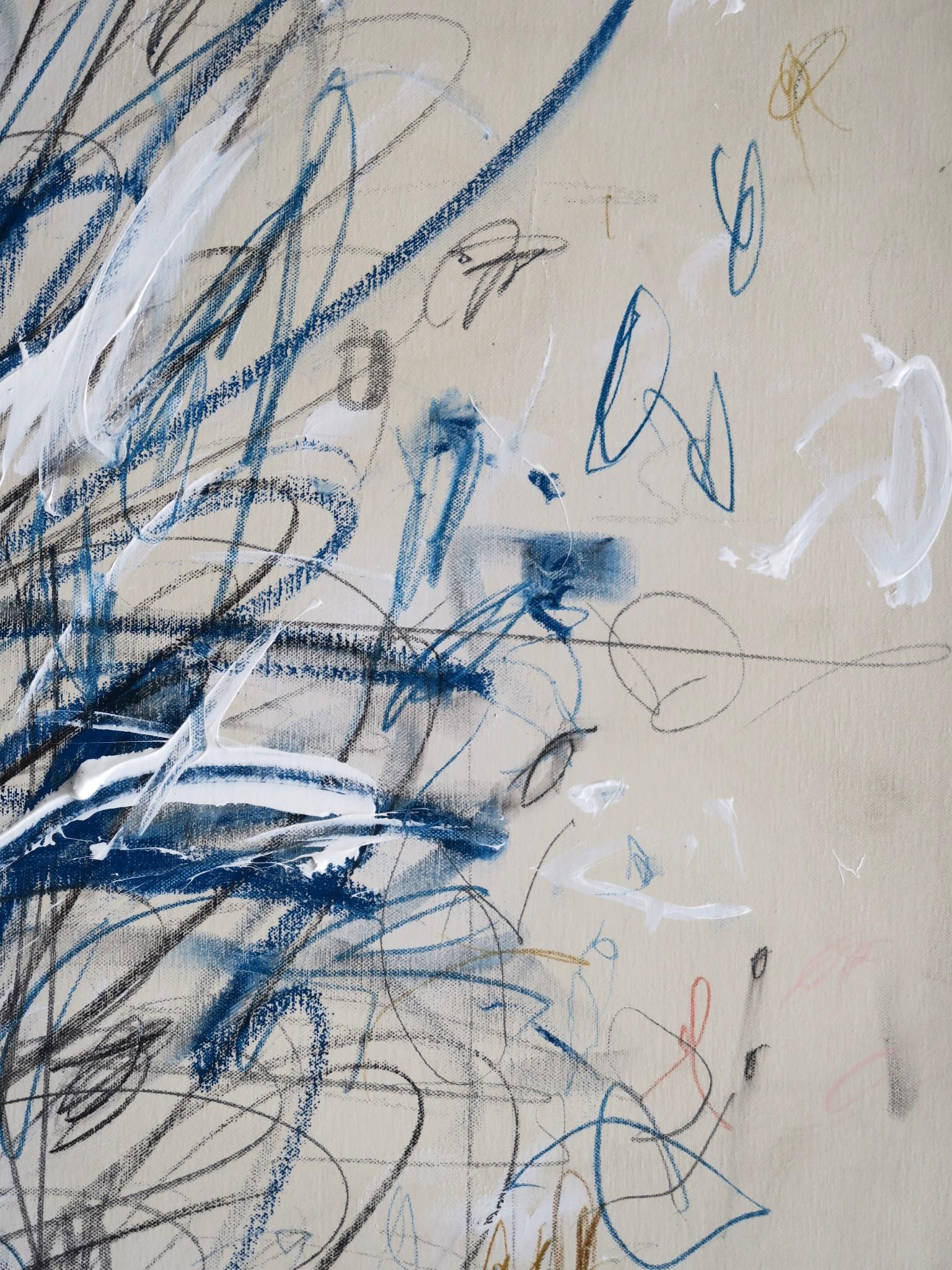 « Into the Blues II » Acrylique, pastels d'huile et crayons abstraits à la teinte bleue 48x36 13