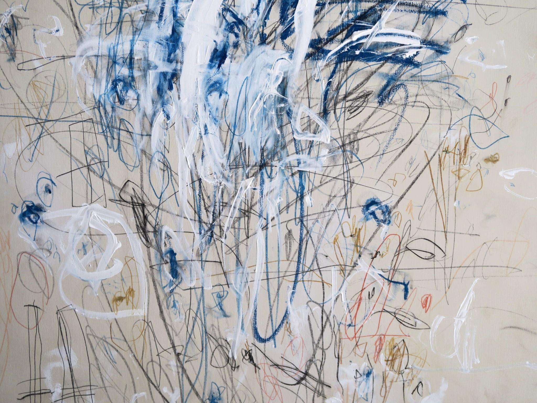 « Into the Blues II » Acrylique, pastels d'huile et crayons abstraits à la teinte bleue 48x36 1