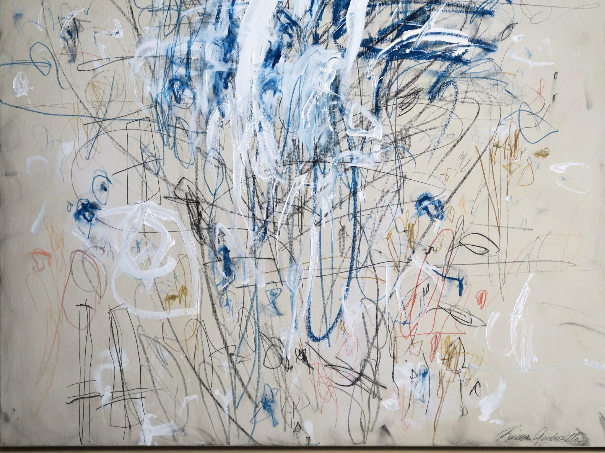 « Into the Blues II » Acrylique, pastels d'huile et crayons abstraits à la teinte bleue 48x36 2