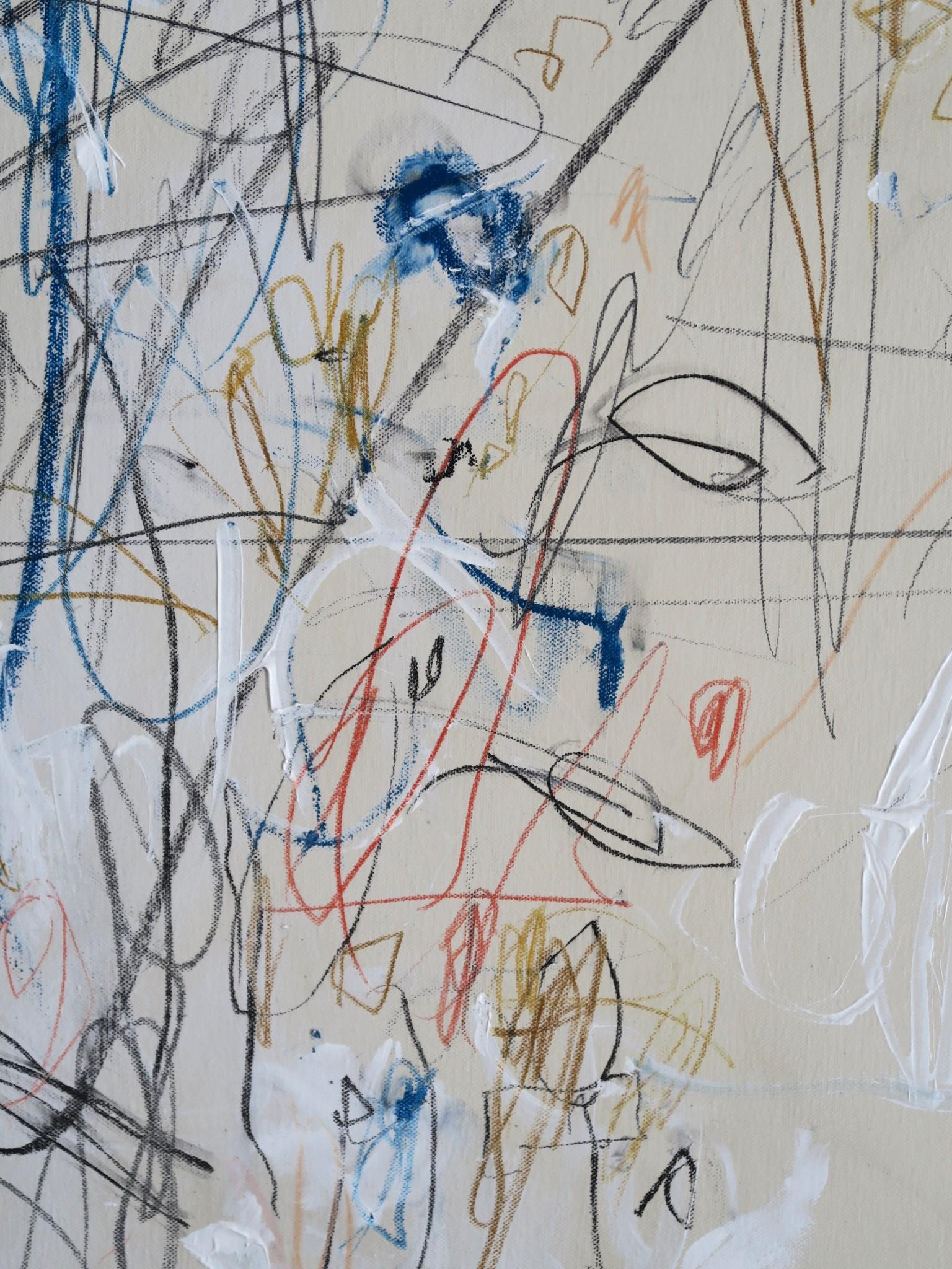 « Into the Blues II » Acrylique, pastels d'huile et crayons abstraits à la teinte bleue 48x36 4