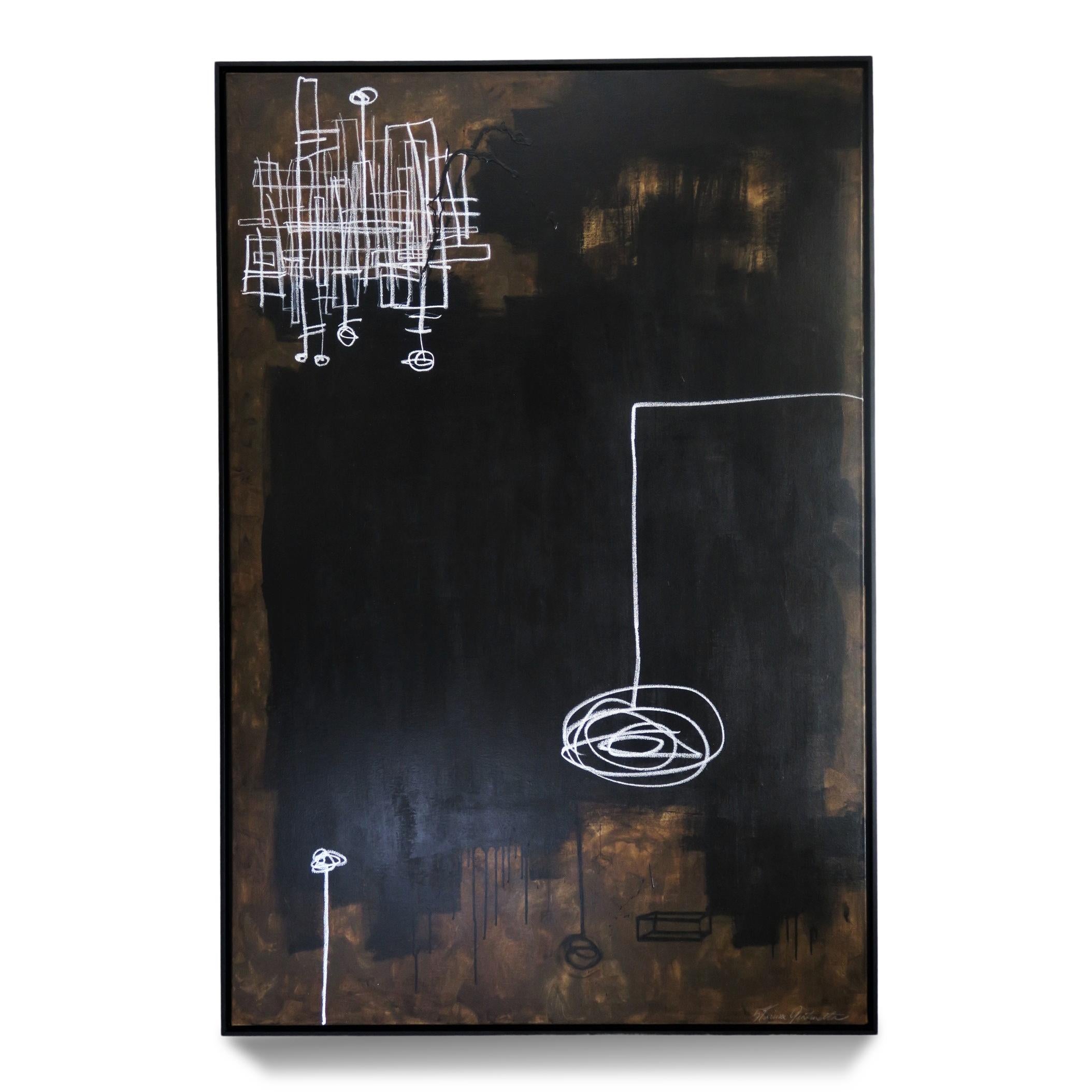 "Intrepid" 2020, 72" x 48". Large abstract painting consisting of bold black and burnt umber (brown) acrylic paint with white oil pastel on canvas by Argentine-born artist Karina Gentinetta (featured in Elle Decor, the New York Times, Traditional