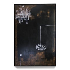 "Intrepid" Large Abstract Painting in Black and Umber with White Oil Pastel