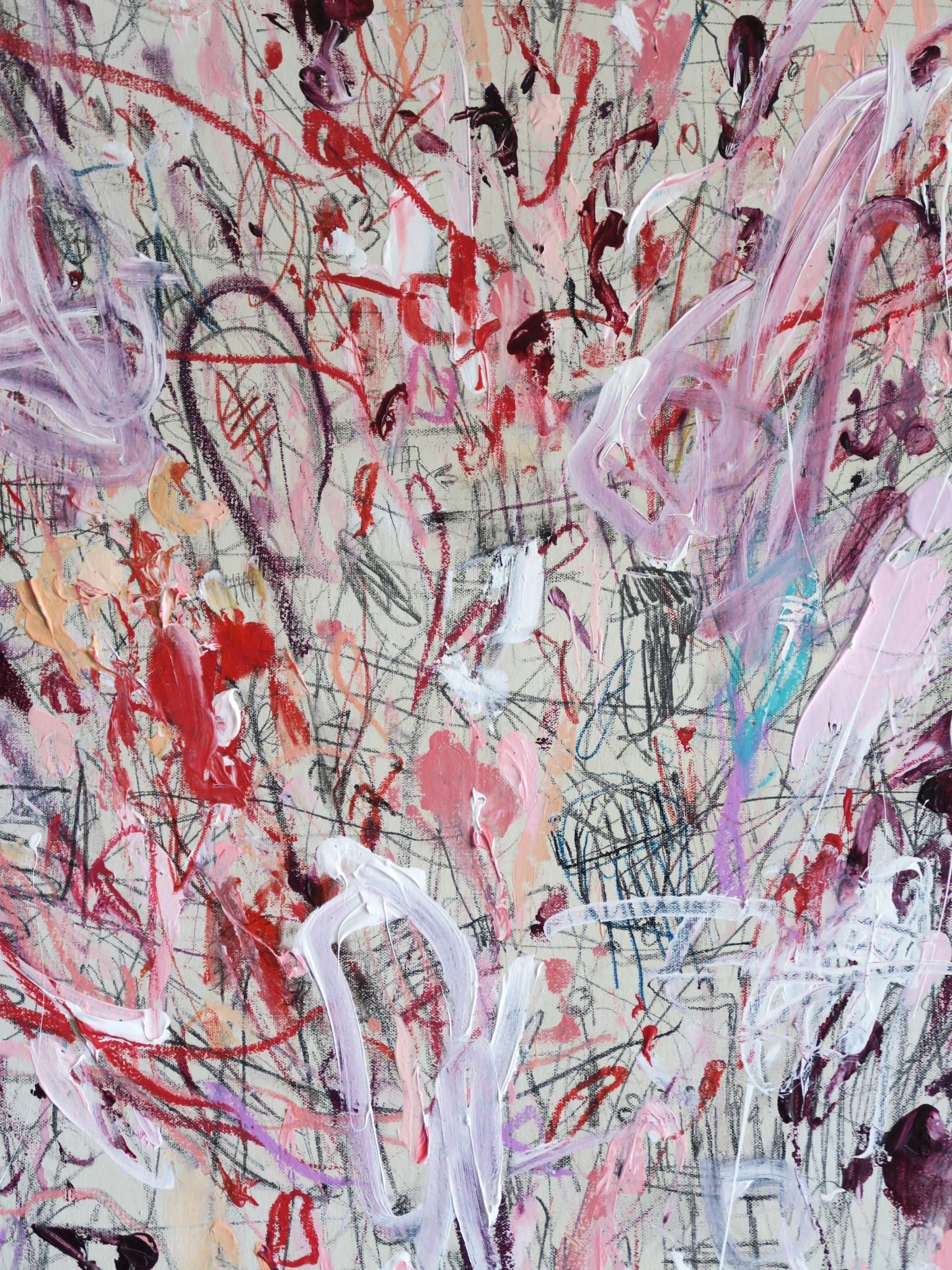 « Masquerade » grande taille acrylique, pastels d'huile, crayons abstraits en roses 48x60 en vente 8