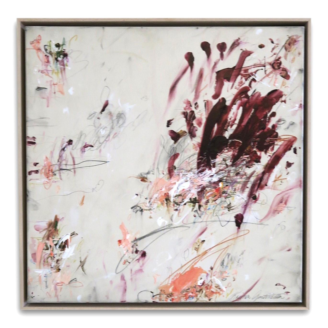 Abstract Painting Karina Gentinetta - « Midsummer's Dream », acrylique, pastels d'huile, crayons abstraits dans des teintes prunes 20"x20"