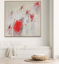 "Muses" Abstract Painting in White, Red and Black Pencil Hues, 60" x 60" square