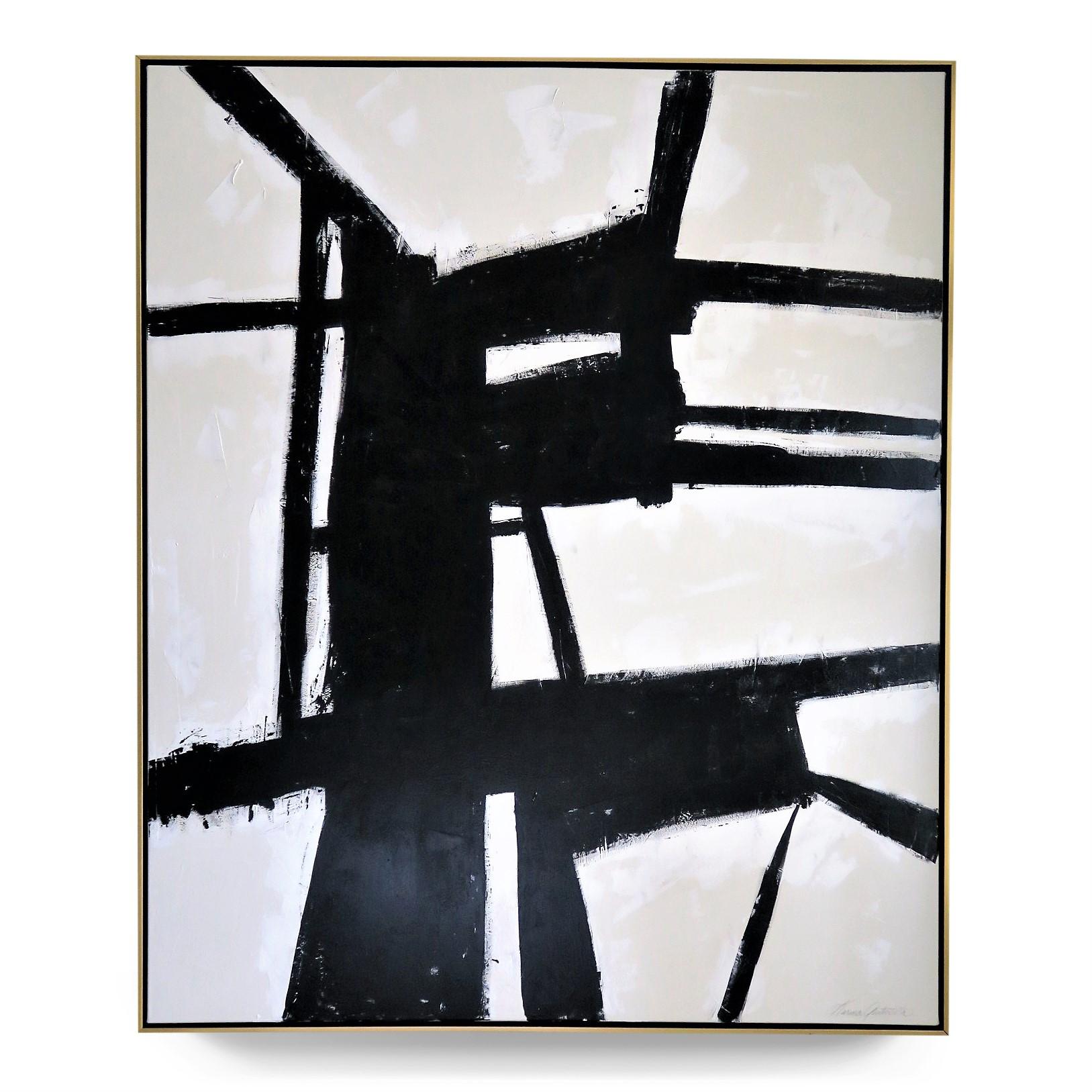 "Strength", 2019, 60" x 72". This is an original acrylic on stretched canvas abstract black and white painting by Argentine born artist Karina Gentinetta (featured in Elle Decor, the New York Times, Traditional Home and 2017 Luxe Magazine).