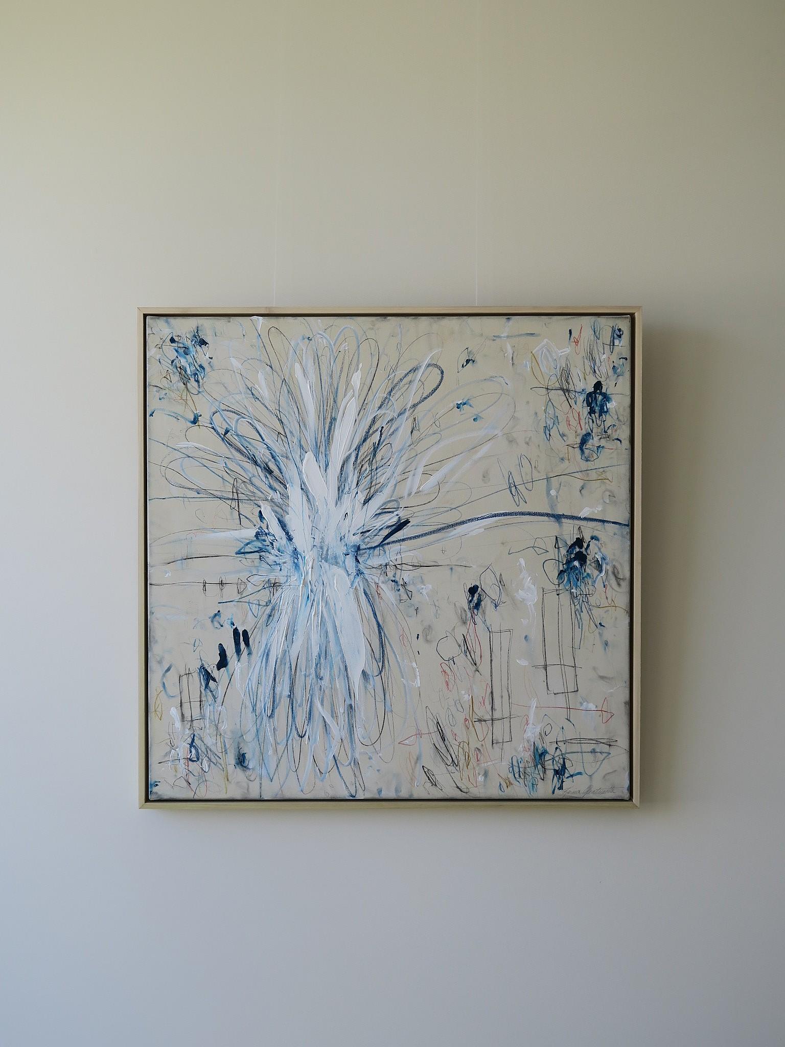 "Petite Serenade" Acrylic, Oil Pastels, Pencils Abstract in Blue Hue 36x36 - Mixed Media Art by Karina Gentinetta