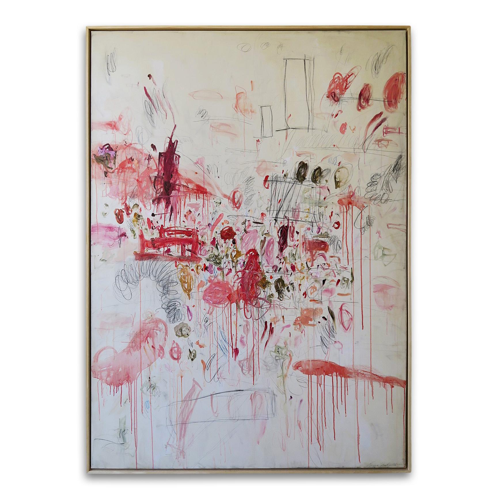 "Ranúnculos II" Acrílico de gran tamaño, pasteles al óleo y lápices Abstracto rojo 84 "x60"