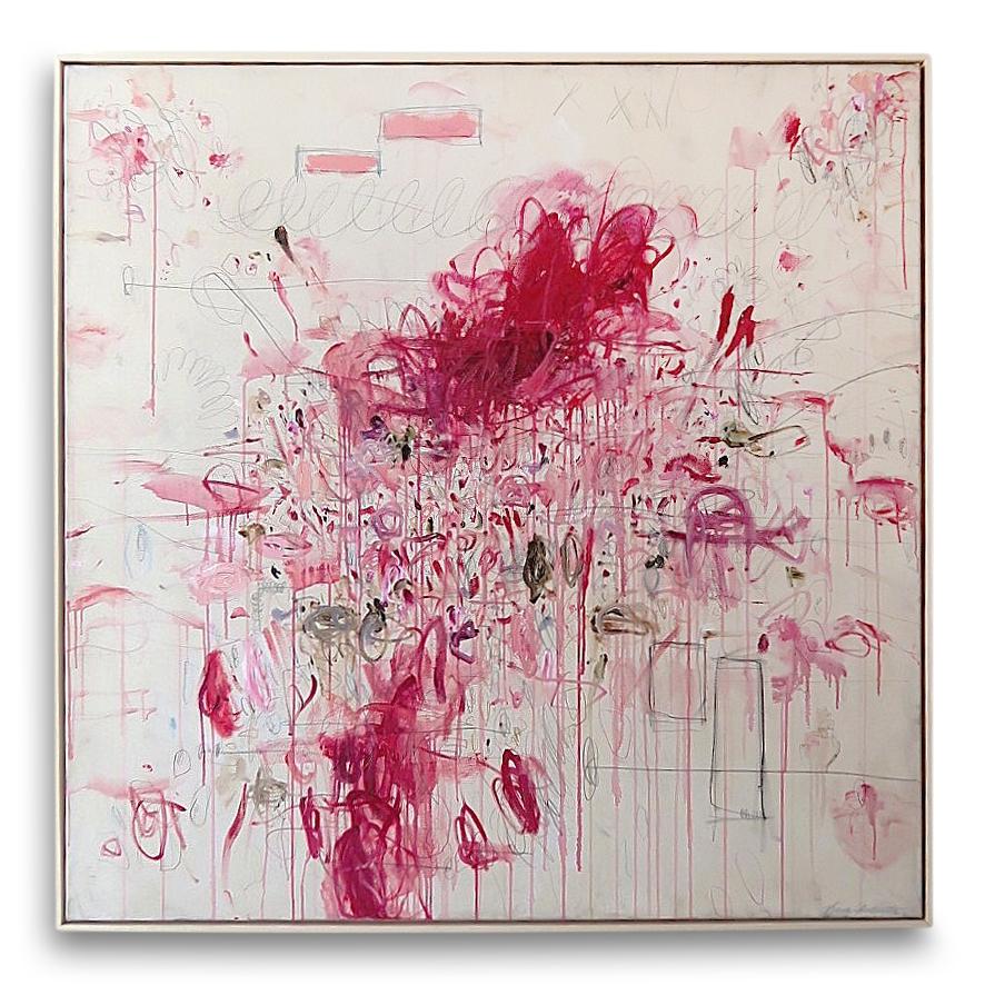 "Ranunculus III" Acrilico, pastelli a olio e matite Rosso Rosa Astratto 60 "x60"