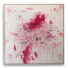 „Ranunculus III“ Acryl, Ölpastell und Bleistift Rot Rosa Abstrakt 60"x60"