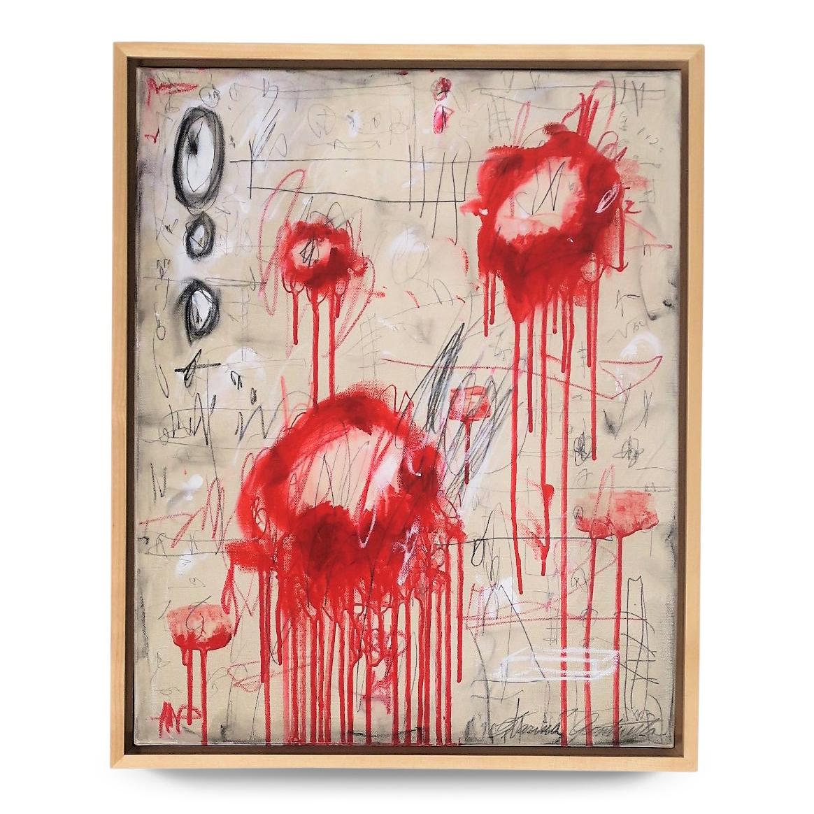 "Red Peonies" Abstract Study in Hues of White, Red and Black Pencil, 16" x 20"" - Mixed Media Art by Karina Gentinetta