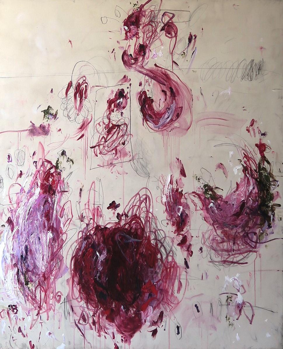 Karina Gentinetta Abstract Painting - "Spring Eternal II" Vertical Acrylic, Pastels, Pencils Abstract in Pinks 72x60