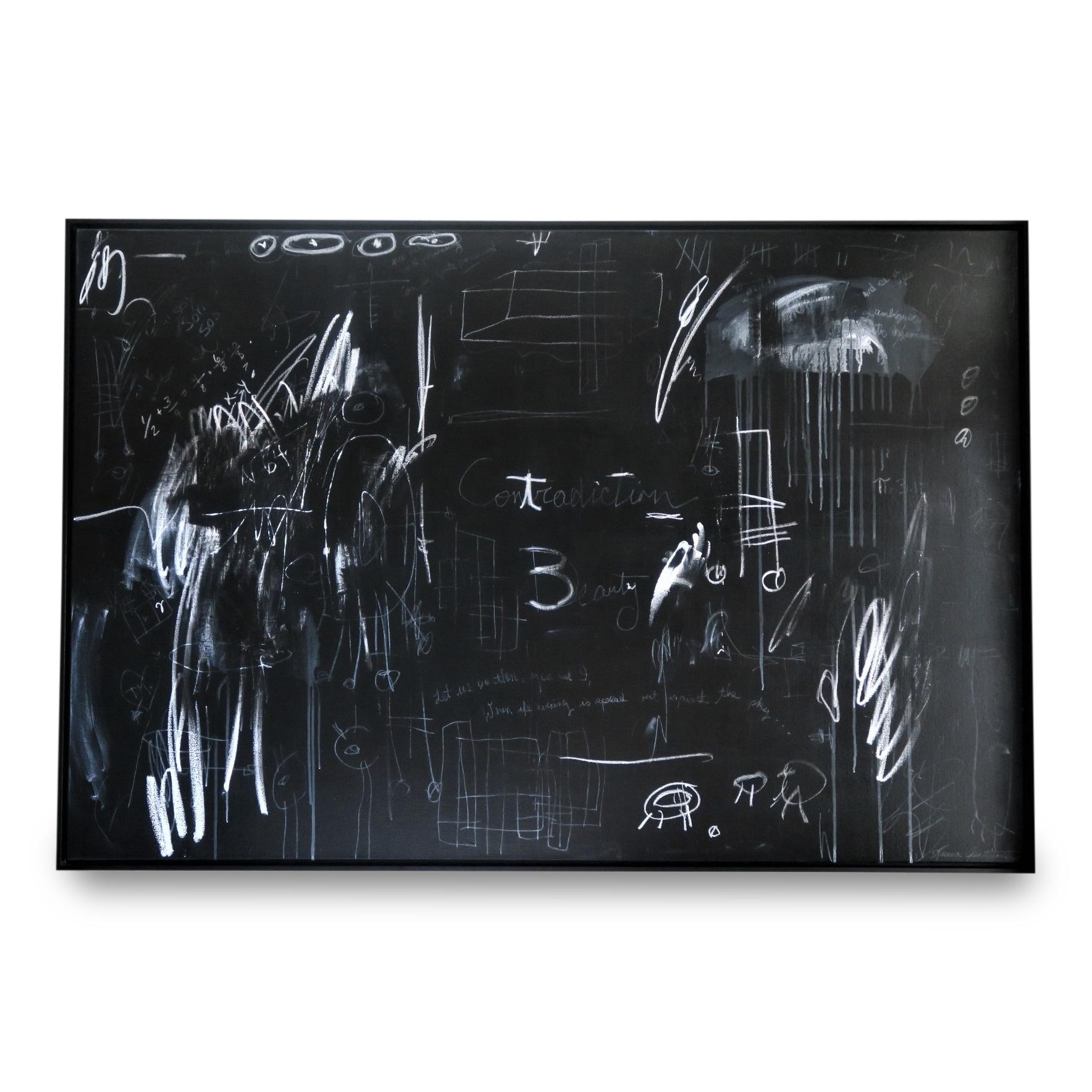 Karina Gentinetta Abstract Painting - "Time Flies" Black and White Painting with Pencils and Oil Pastels, 48"x72"