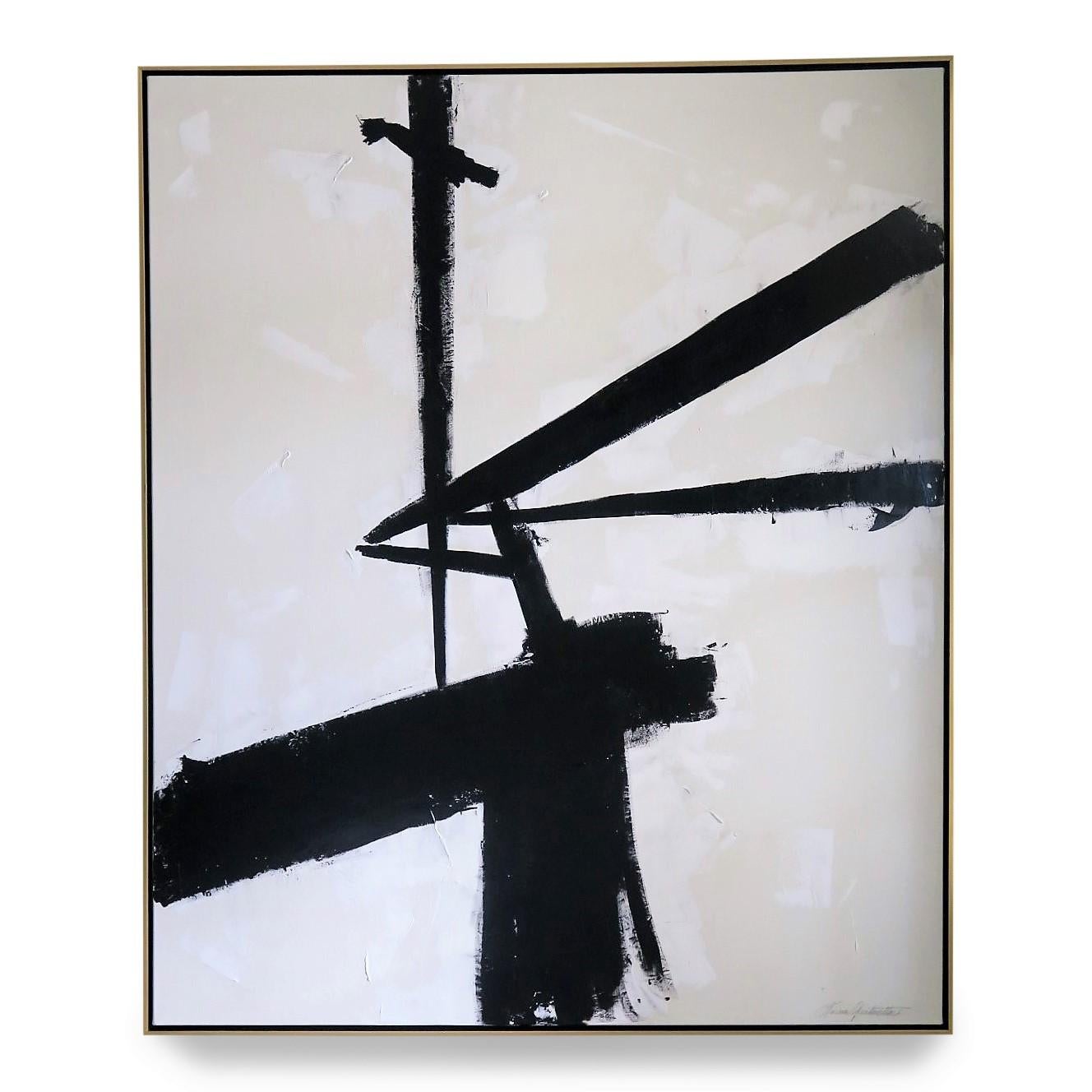 "Triumph", 2019, 60" x 72". This is an original acrylic on stretched canvas abstract black and white painting by Argentine born artist Karina Gentinetta (featured in Elle Decor, the New York Times, Traditional Home and 2017 Luxe Magazine). Measures: