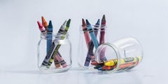 "Between Colors" - Photorealist Still Life of Crayons, Oil Painting on Aluminum