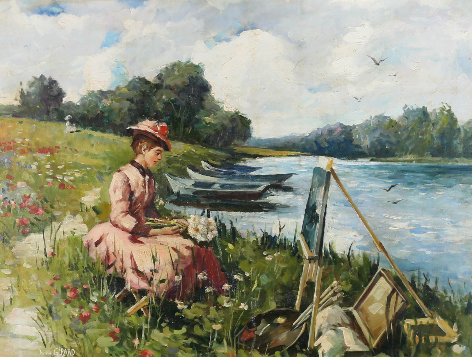Karine Girard - Olio del XX secolo, Pittura lungo il fiume - Painting di Karine Firmin Girard