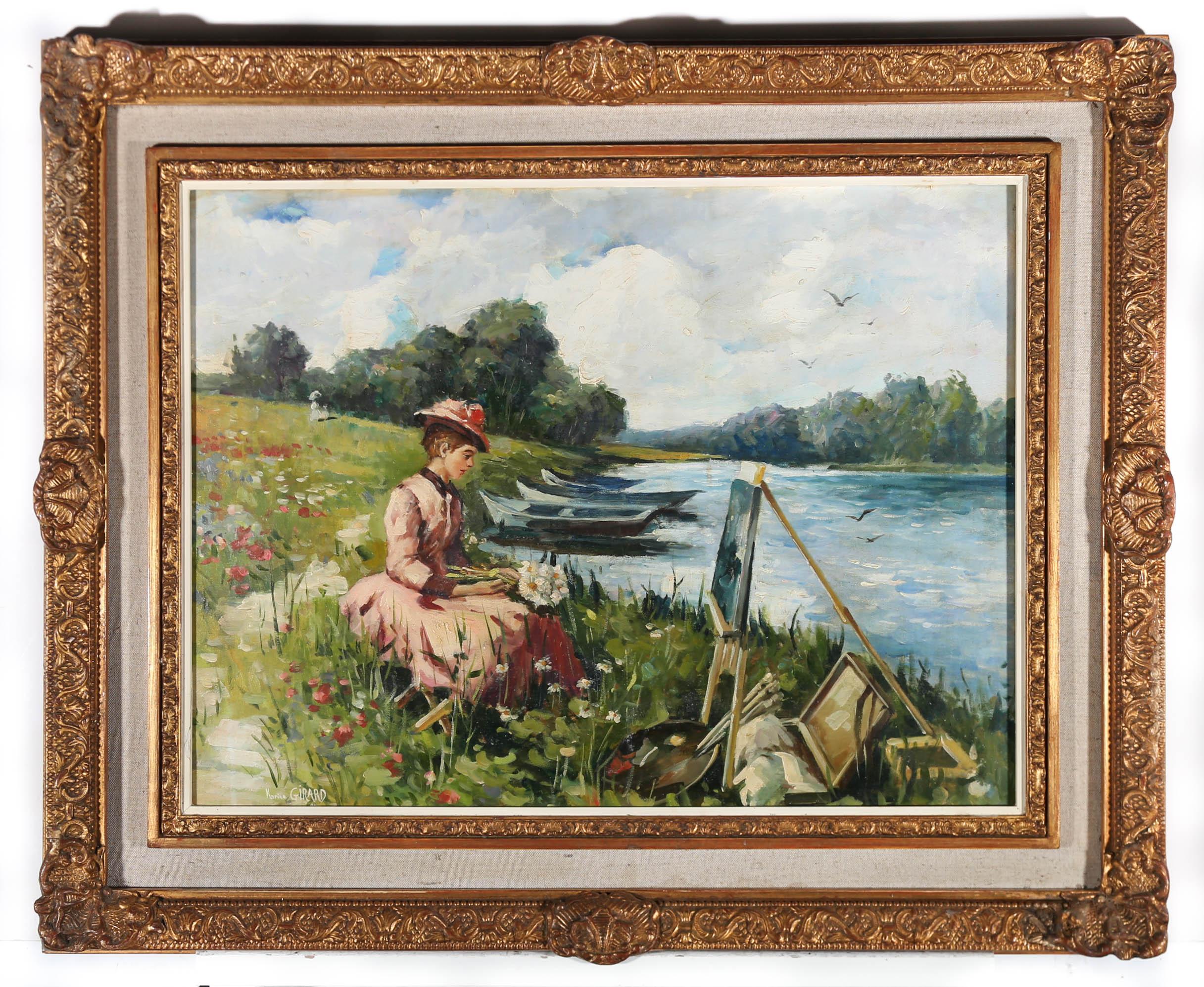 Un'affascinante scena ispirata alle prime opere impressioniste che ritrae una donna che dipinge 