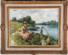Karine Firmin Girard - 20e siècle Huile, Peinture au bord de la rivière