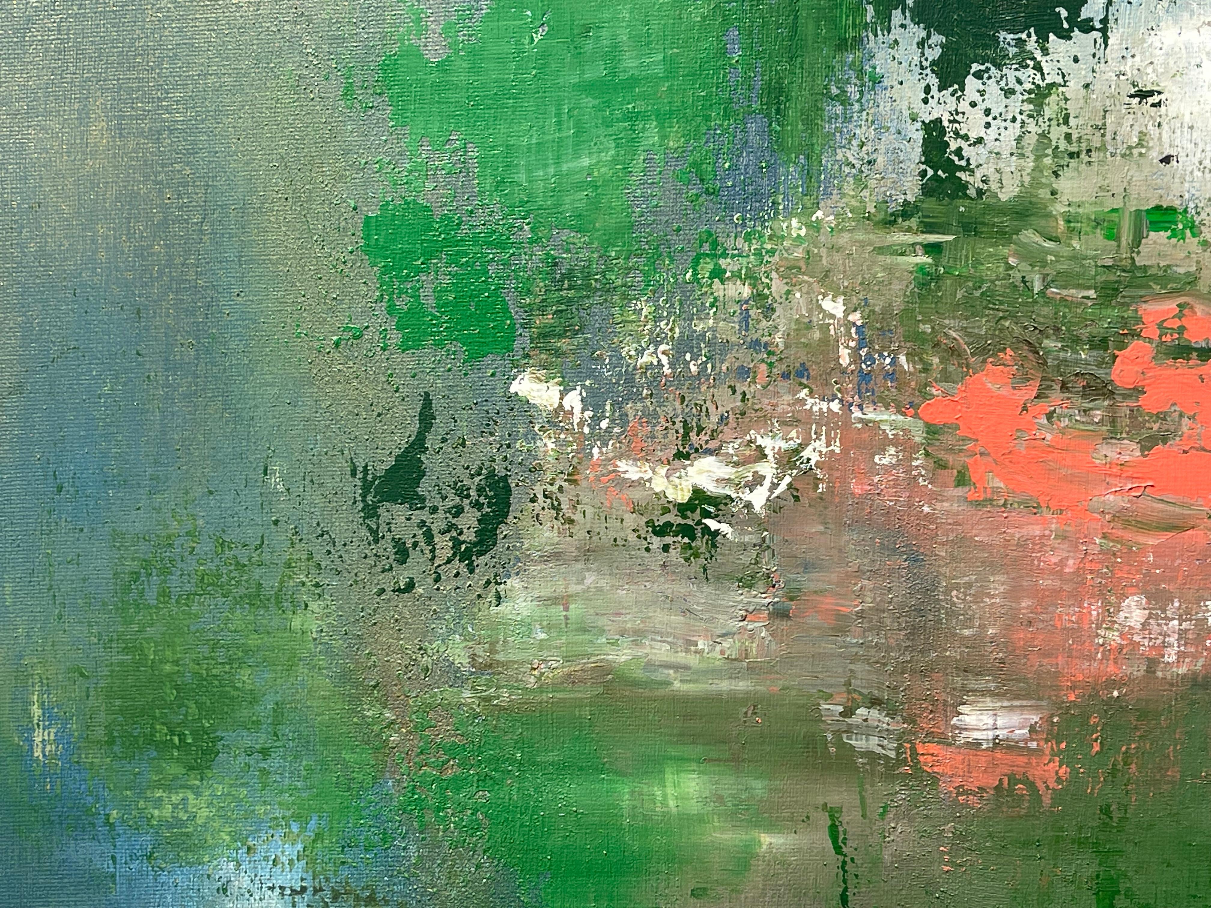 This enchanting abstract work is full of vibrant greens, with an impressionist brushstroke. Karine Lahannier paints in a meditative state, delivering us an ode to the beauty of raw territories, the imprint of wild forests and the magic of gemstone