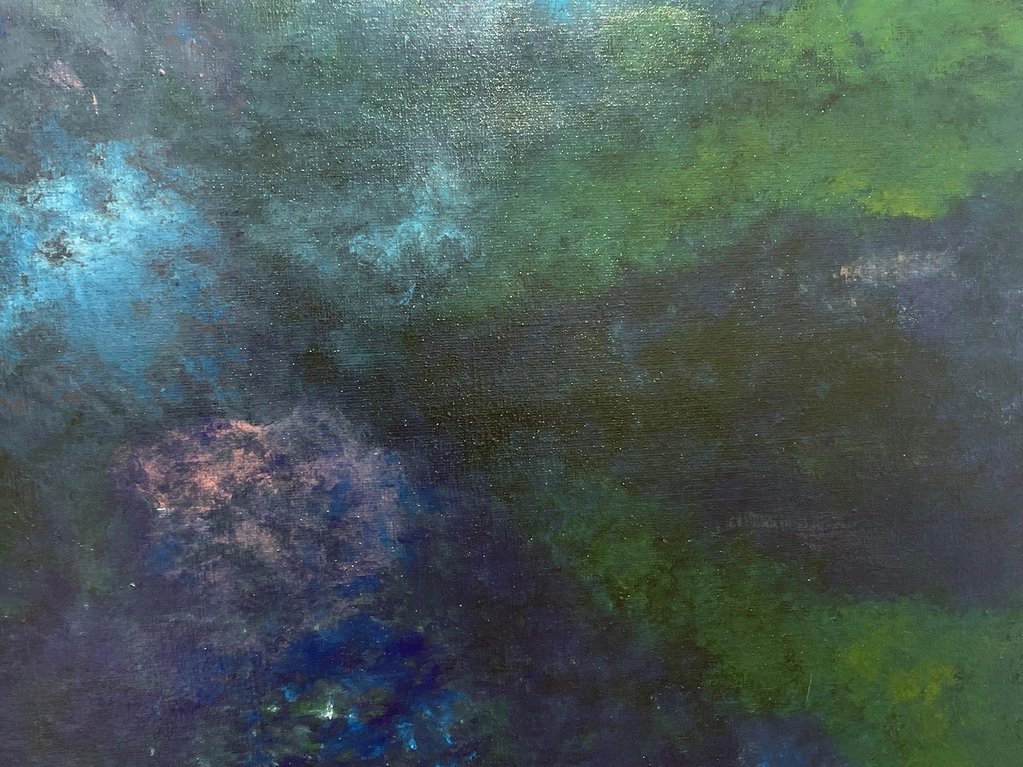 Dieses hypnotisierende abstrakte Werk ist voller leuchtender Farben und impressionistischer Pinselstriche. Karine Lahannier malt in einem Zustand der Meditation und liefert uns eine Ode an die Schönheit roher Territorien, den Eindruck wilder Ozeane