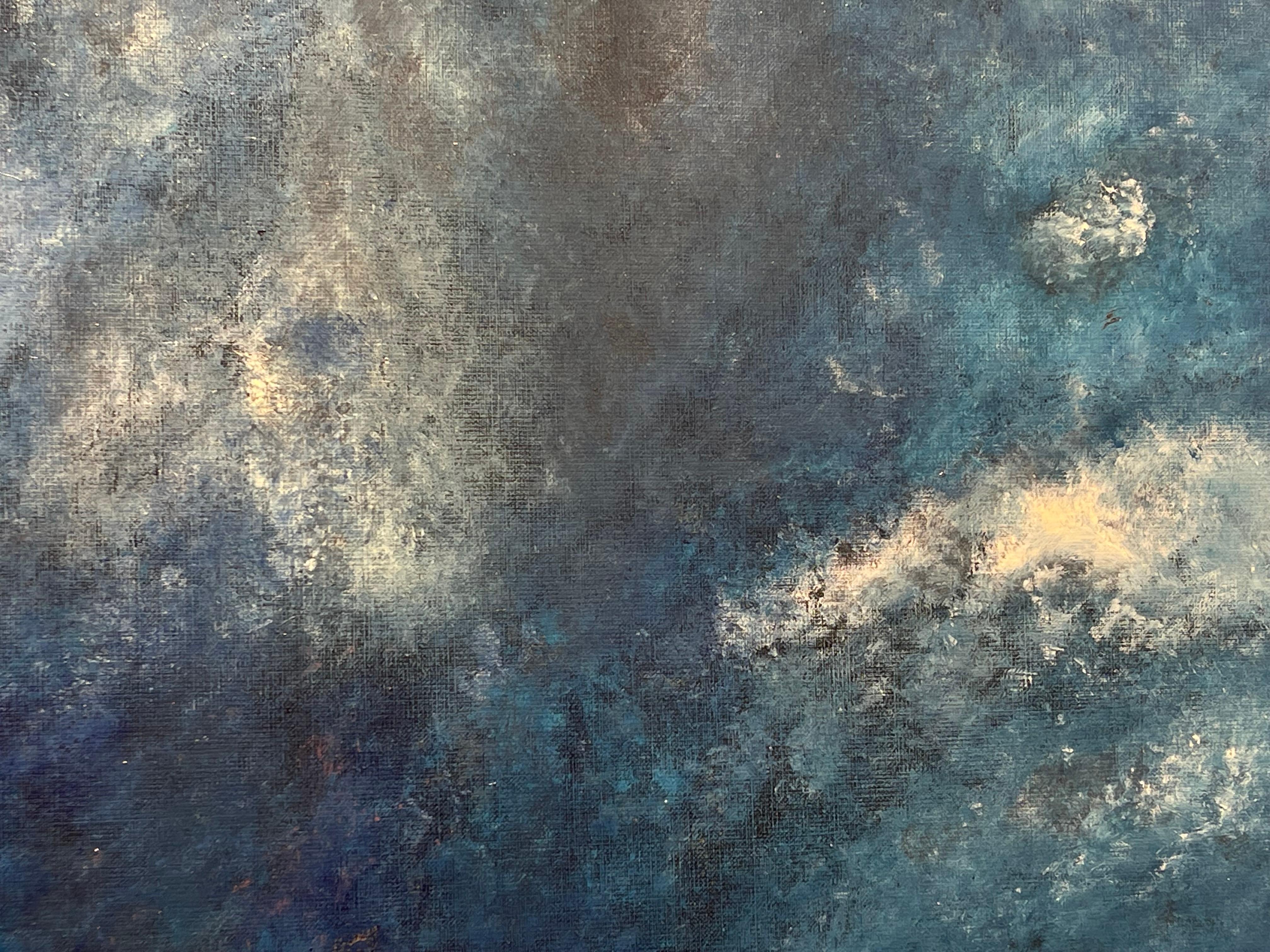 Dieses hypnotisierende abstrakte Werk ist voller leuchtender Farben und impressionistischer Pinselstriche. Karine Lahannier malt in einem Zustand der Meditation und liefert uns eine Ode an die Schönheit roher Territorien, den Eindruck wilder Ozeane