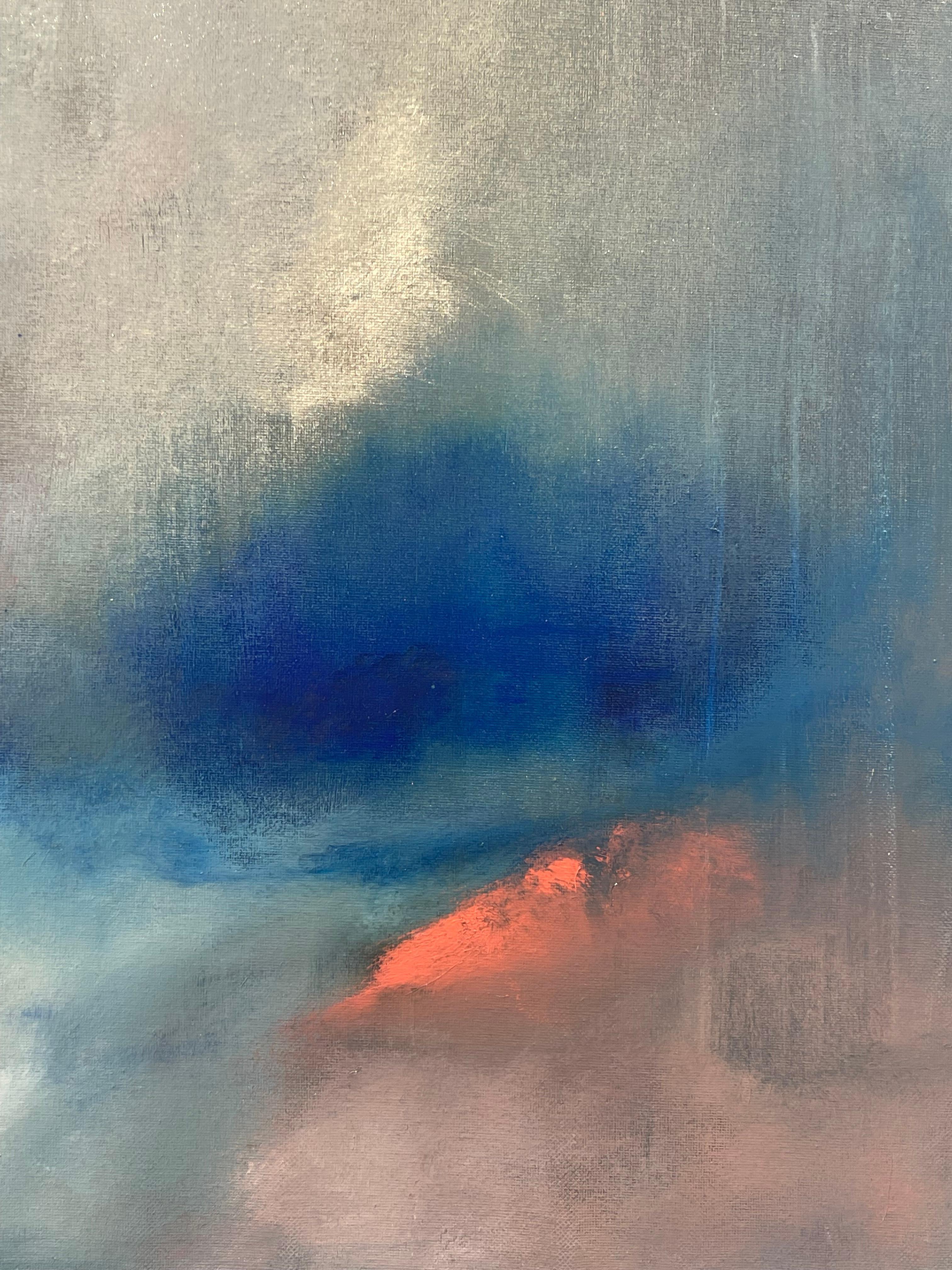 This enchanting abstract work is a cloudy, emotive composition with an impressionist brushstroke. Karine Lahannier paints in a meditative state, delivering an ode to the beauty of raw territories, the imprint of wild oceans and the magic of gemstone