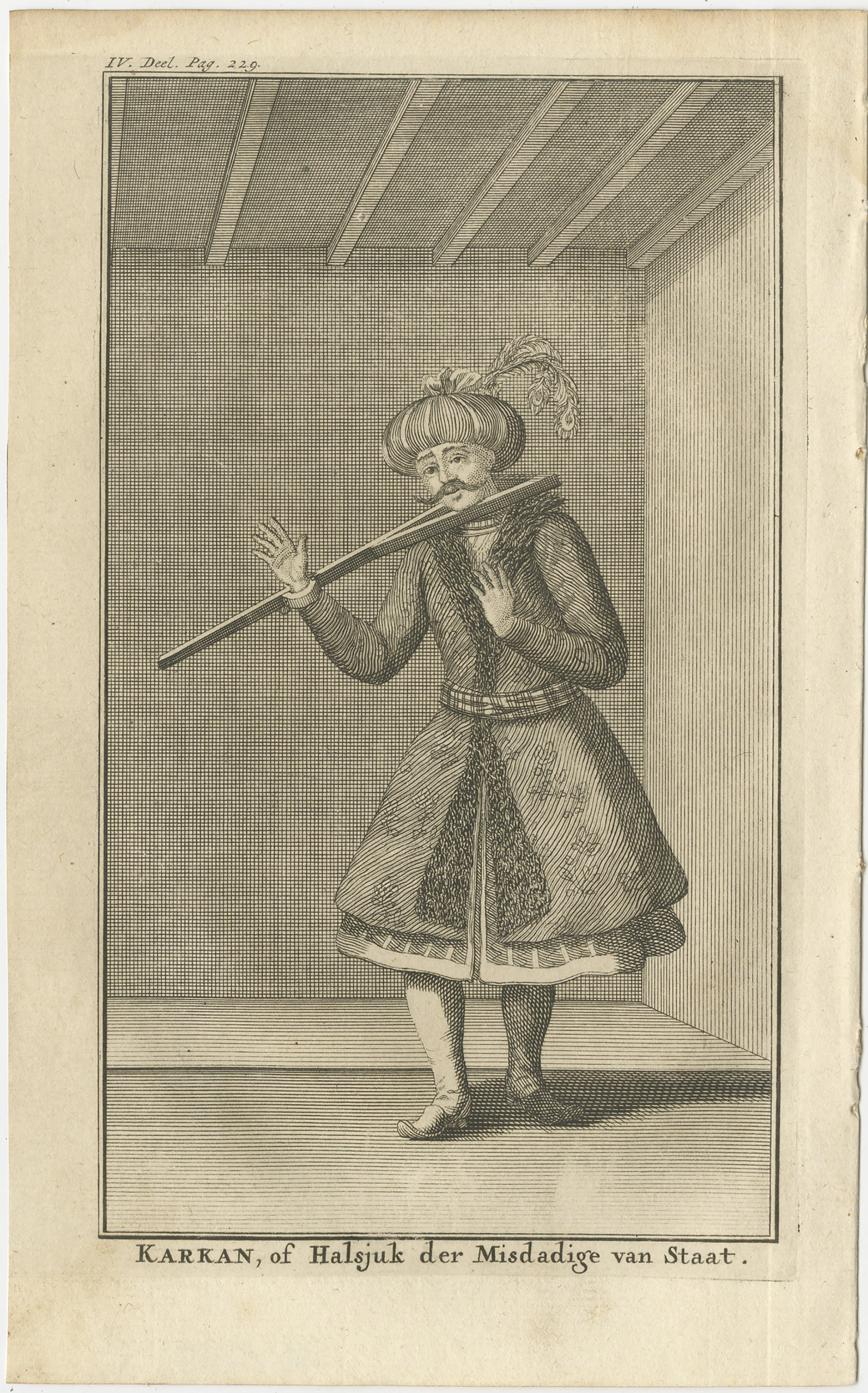 Karkan - Kupferstich des osmanischen Strafkragens aus dem 18. Jahrhundert, ca. 1730

Dieser seltene und ungewöhnliche Kupferstich aus dem 18. Jahrhundert zeigt einen Mann, der in einem hölzernen Strafkragen, dem so genannten 