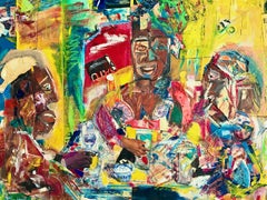 MORNING BREAKFAST Mixed Media Collage, Abstrakte schwarze Familiencollage mit Farbe