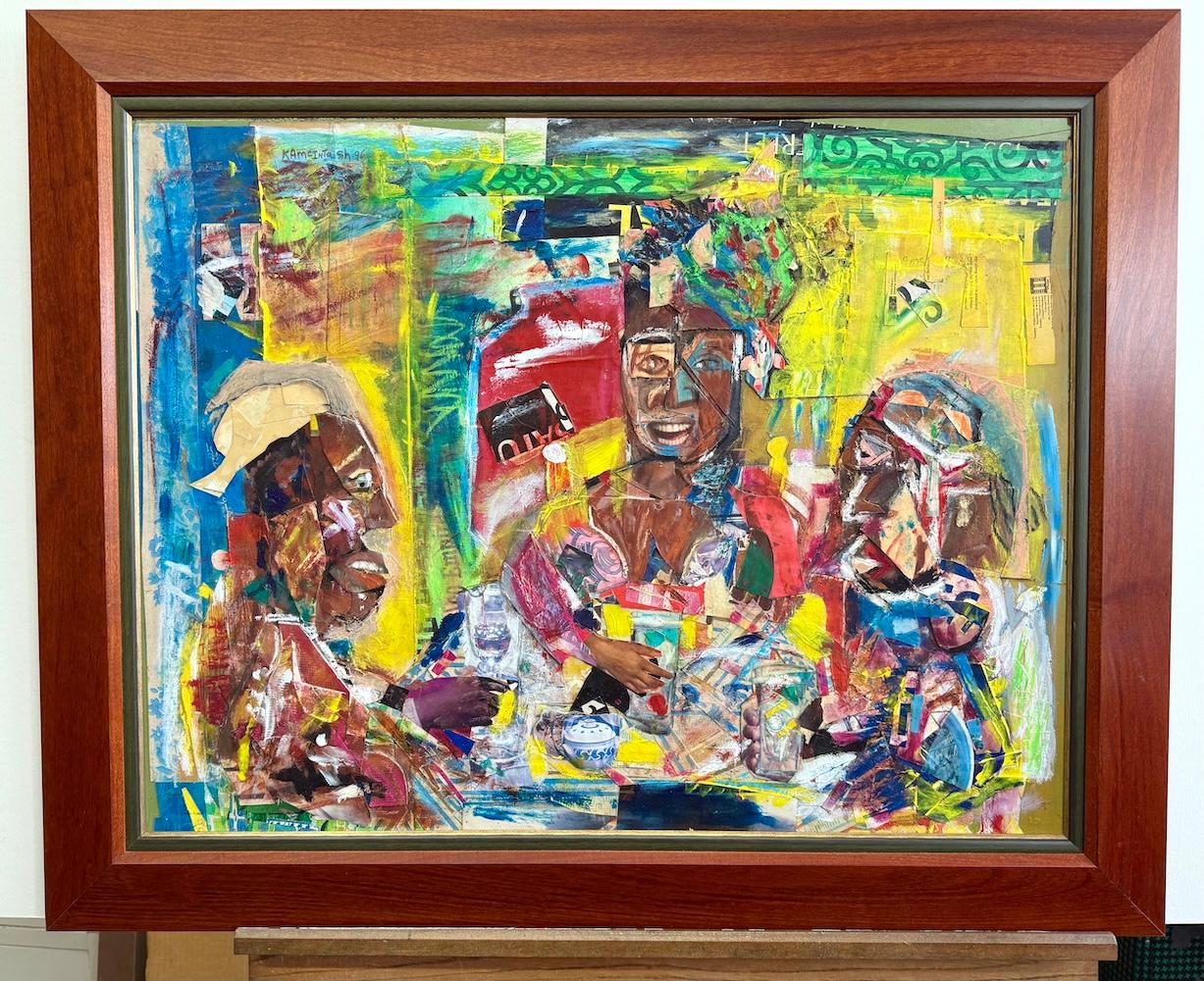 COLAZIONE MATTINA Collage a tecnica mista, famiglia astratta colorata che fa colazione in vendita 4
