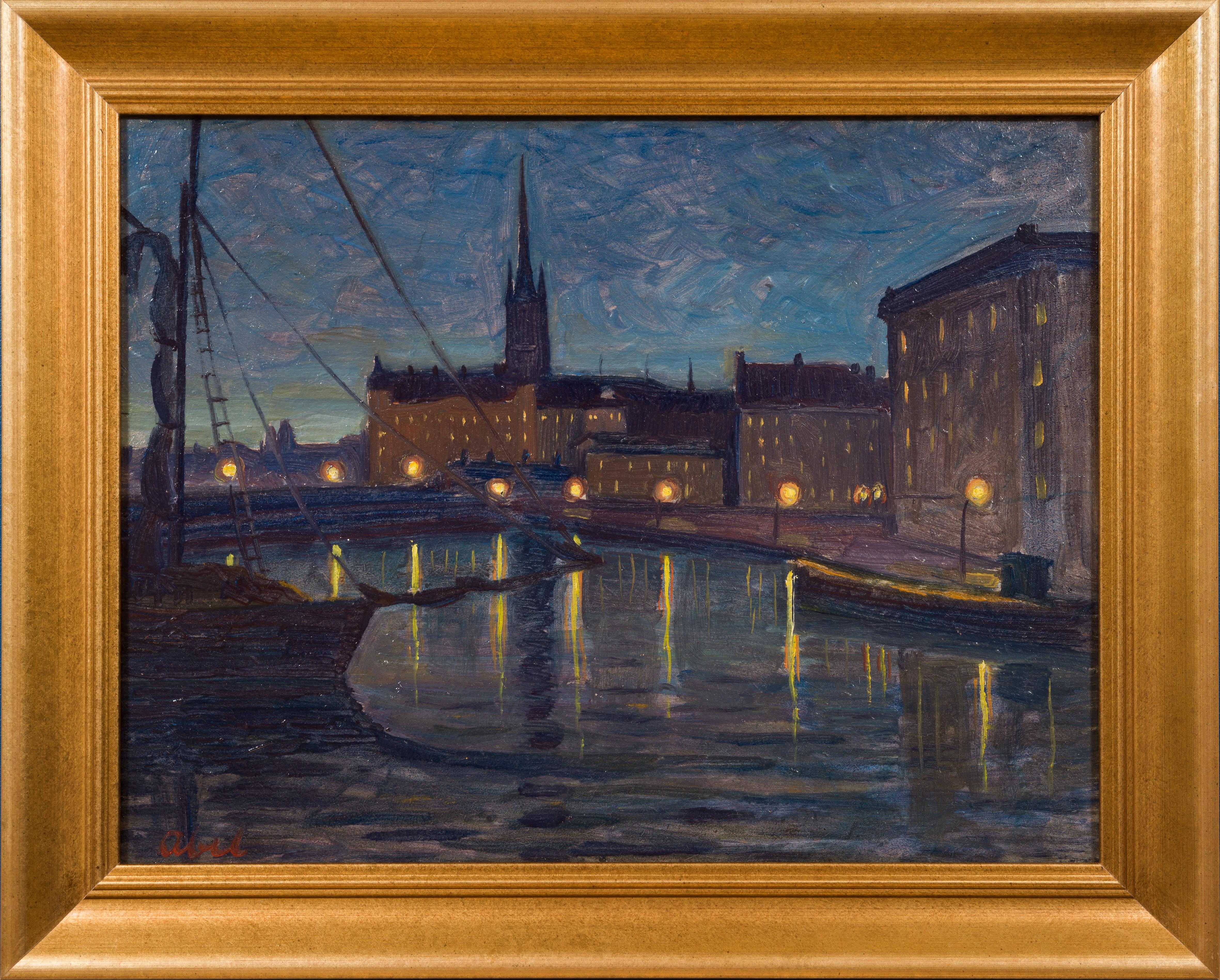 Figurative Painting Karl Abel - Kornhamnstorg, Gamla stan, Stockholm, avec Riddarholmskyrkan en arrière-plan
