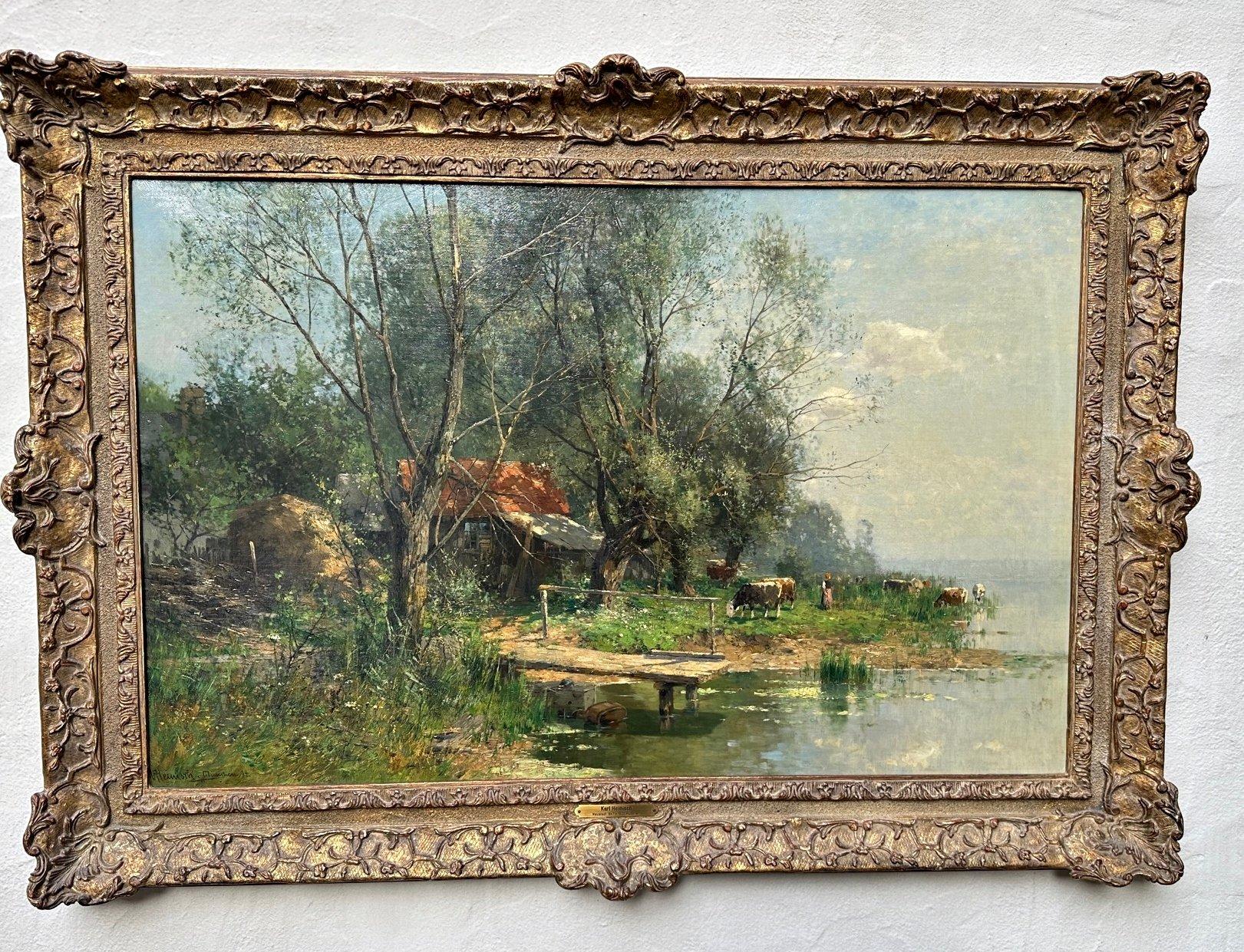 Landscape Painting Karl Adam Heinisch - On the Shore of Lake Constance Oil on canvas Munich School 1894
