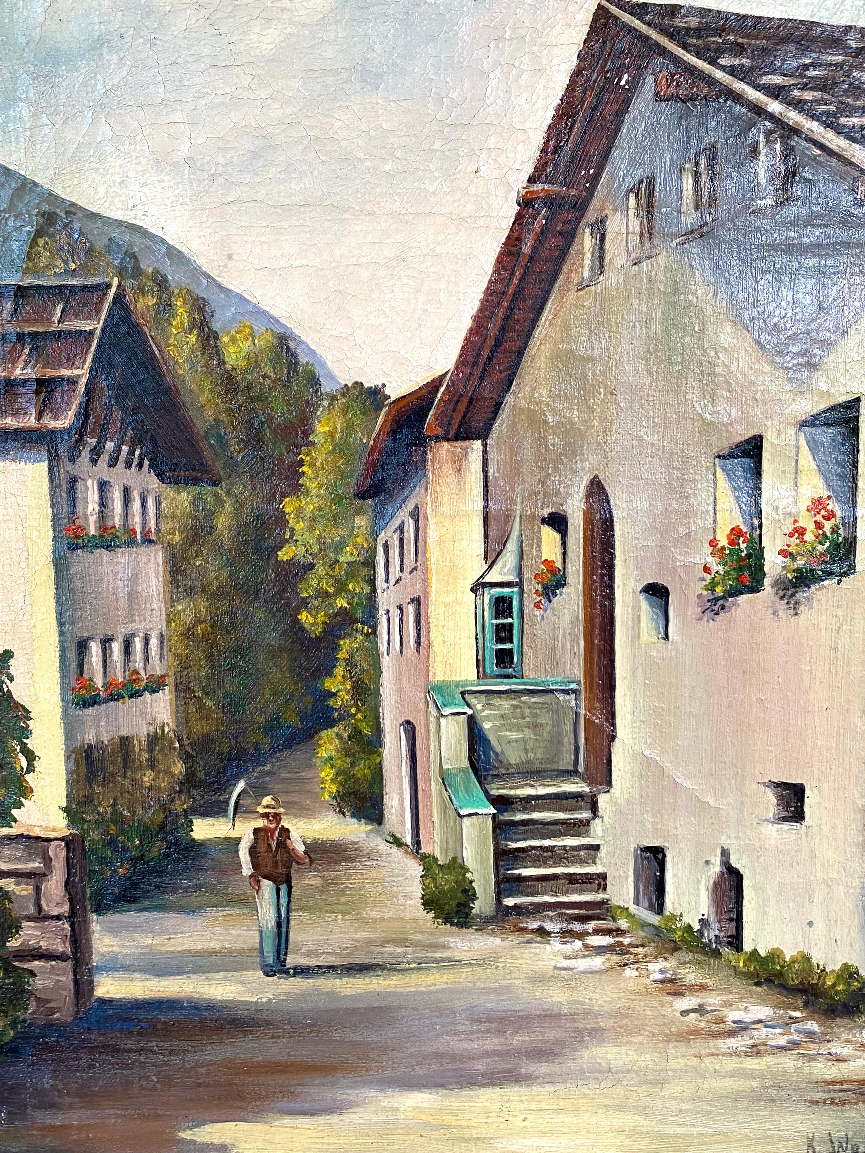 Öl auf Leinwand auf Holzplatte eines Arbeiters mit einer Sense, der von einem Arbeitstag nach Hause kommt. In einem malerischen Schweizer Dorf. Das Gemälde wird der Hand des Schweizer Künstlers Karl Adolph Weber zugeschrieben.  Gezeichnet 