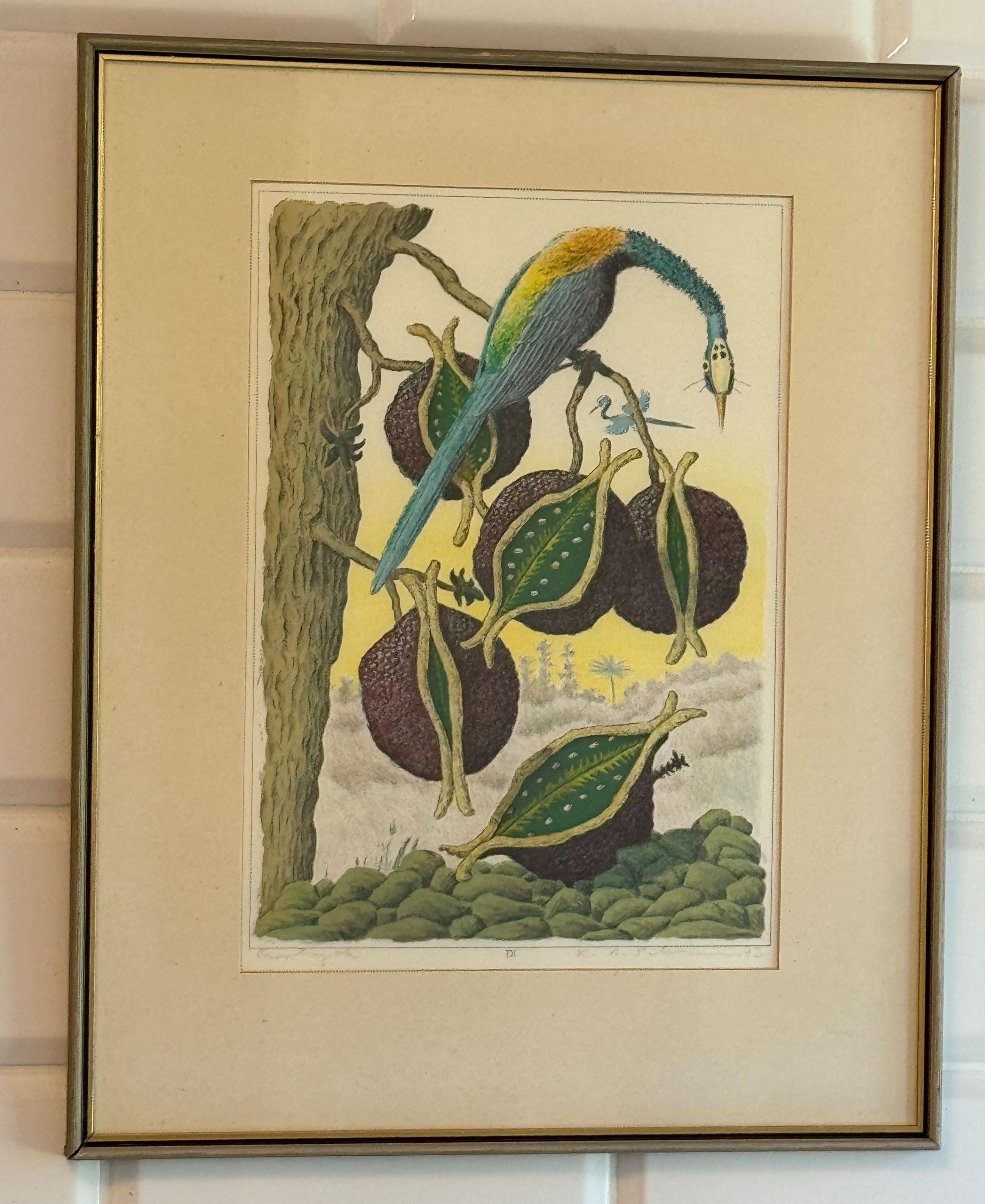 Botanical motif with bird, color lithograph by Karl Axel Pehrson from the 1930s signed and dated -73, proof print, numbered IX.