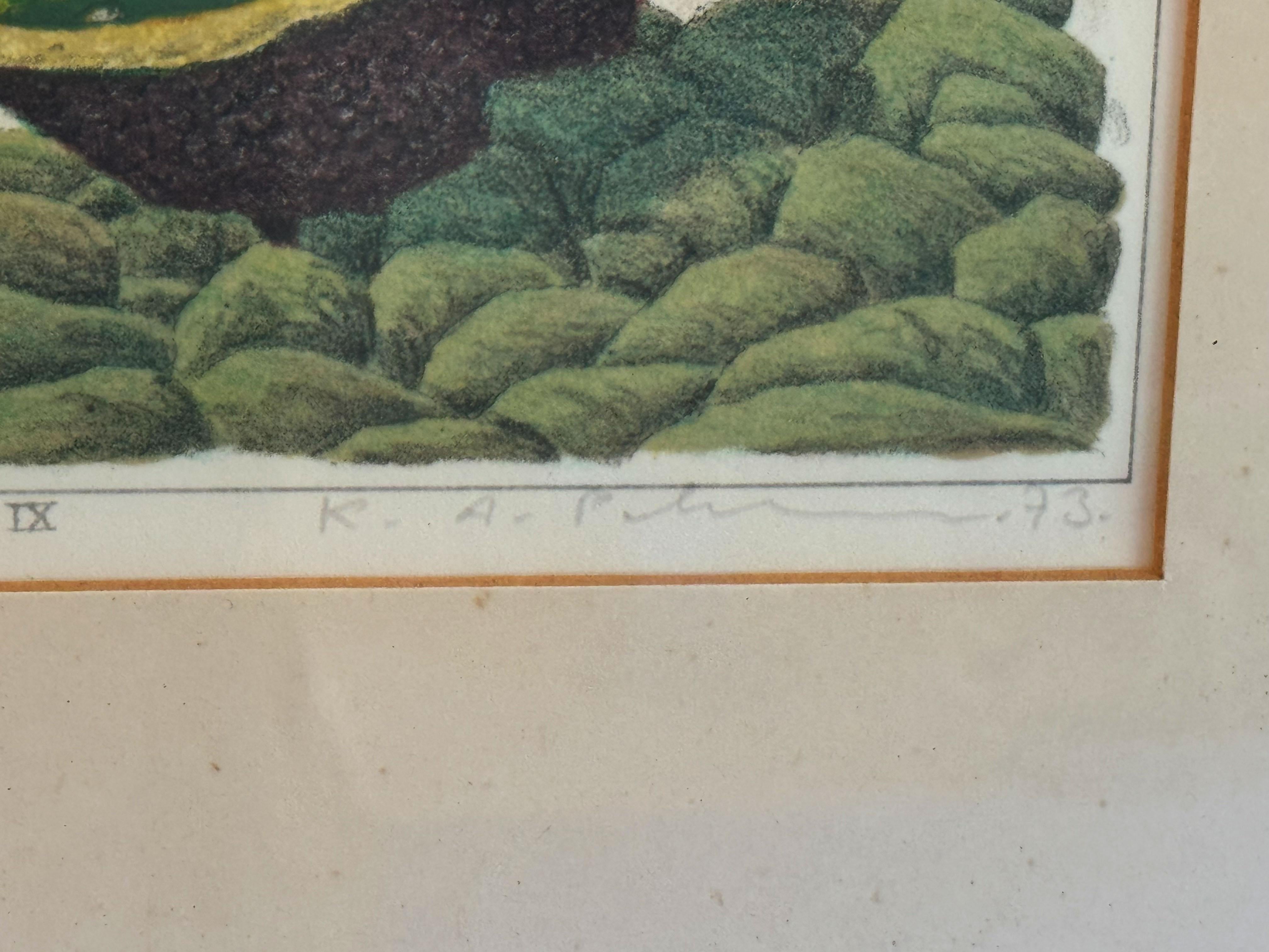 Mid-20th Century Karl Axel Pehrson Botanical Motif With Bird, Color Lithograph For Sale