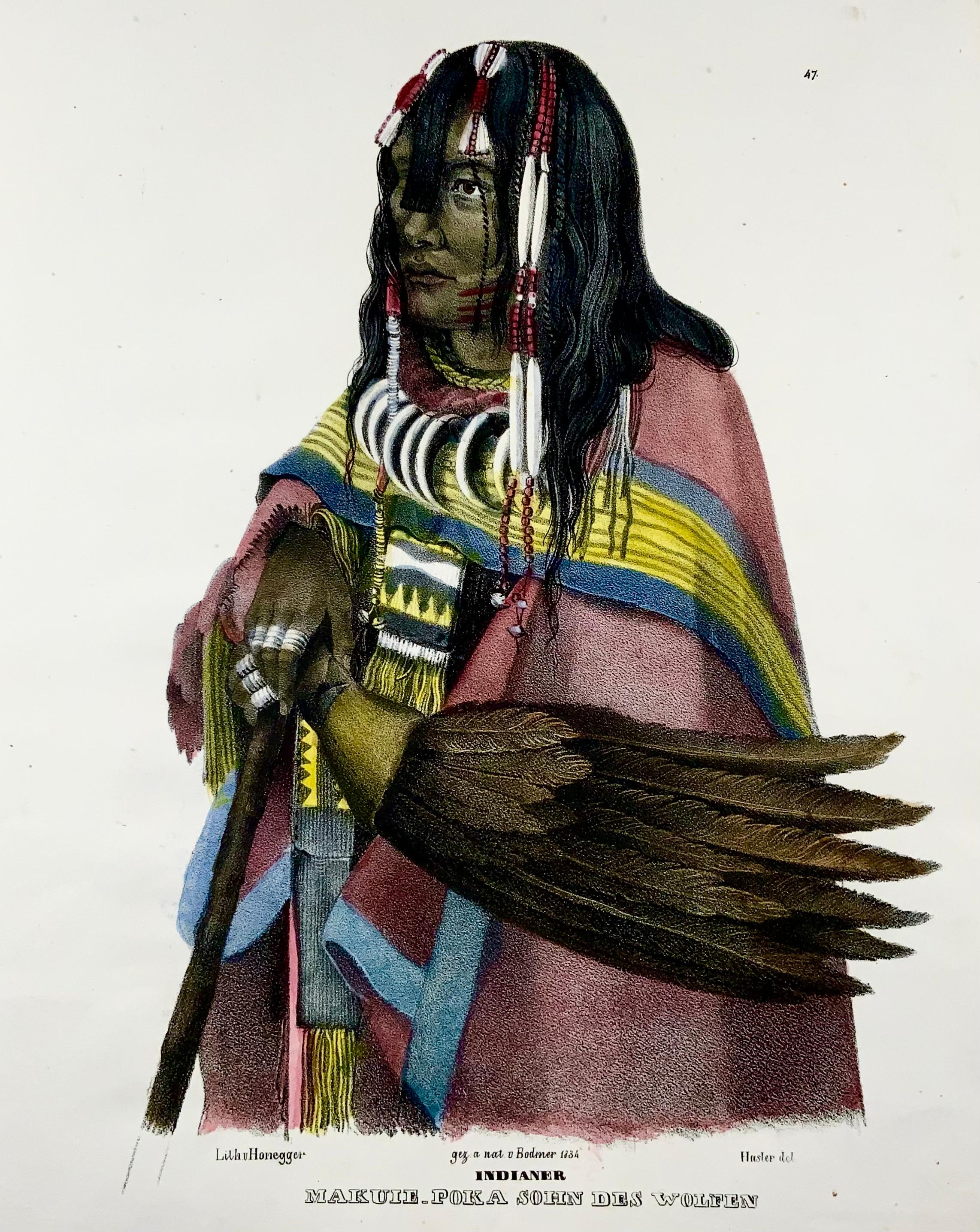 Début de l'époque victorienne Karl Bodmer, Piegan Blackfoot, Makui-Poka, folio coloré à la main en vente