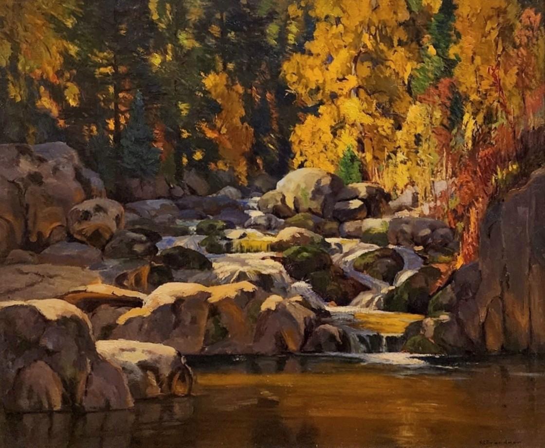 Rocky Stream in Autumn, Sunlight and Shadow - Painting by Karl Brandner