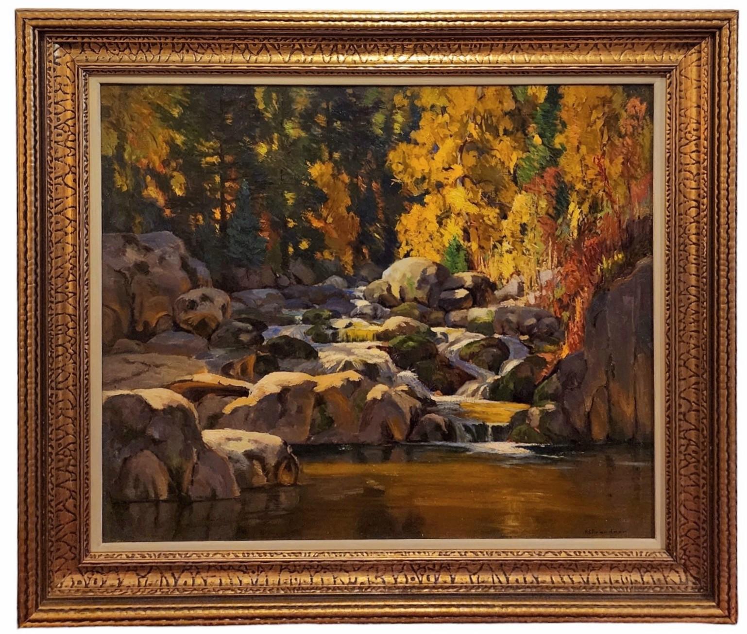 Karl Brandner Landscape Painting - Rocky Stream in Autumn, Sunlight and Shadow