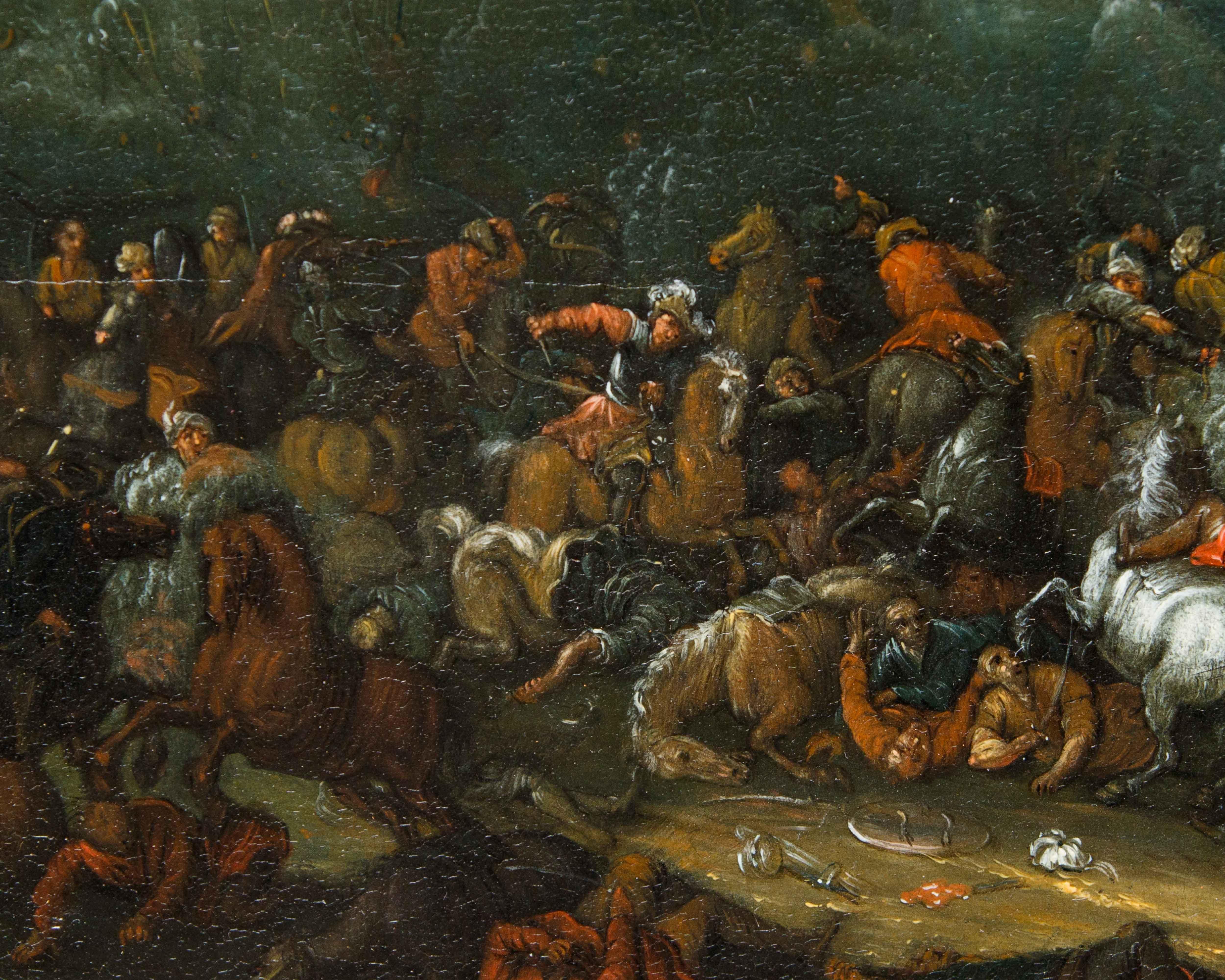 Karl Breydel, called The Knight of Antwerp (Antwerp, 1678-1733)

Battle scene between Christians and Turks 

Oil on canvas, 28.5 x 41 cm 

The painting under consideration, considering the style, composition and subjects depicted, can be attributed