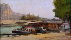 Les Quais de la Seine - Antique French Impressionist Louvre Paris Oil Painting