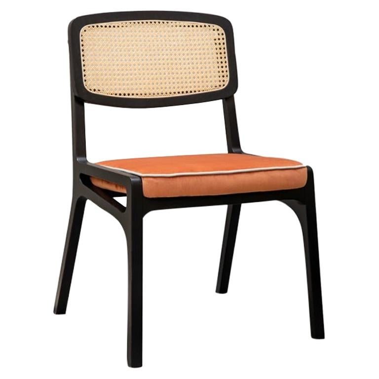 Dining Chair Karl Black Lacquered Plywood Wood, Velvet Seat and Rattan Backrest For Sale